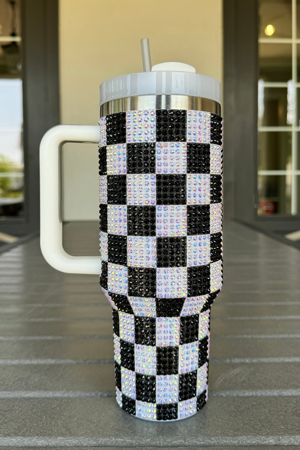 Pink Checkered Print Handled Stainless Steel Tumbler Cup