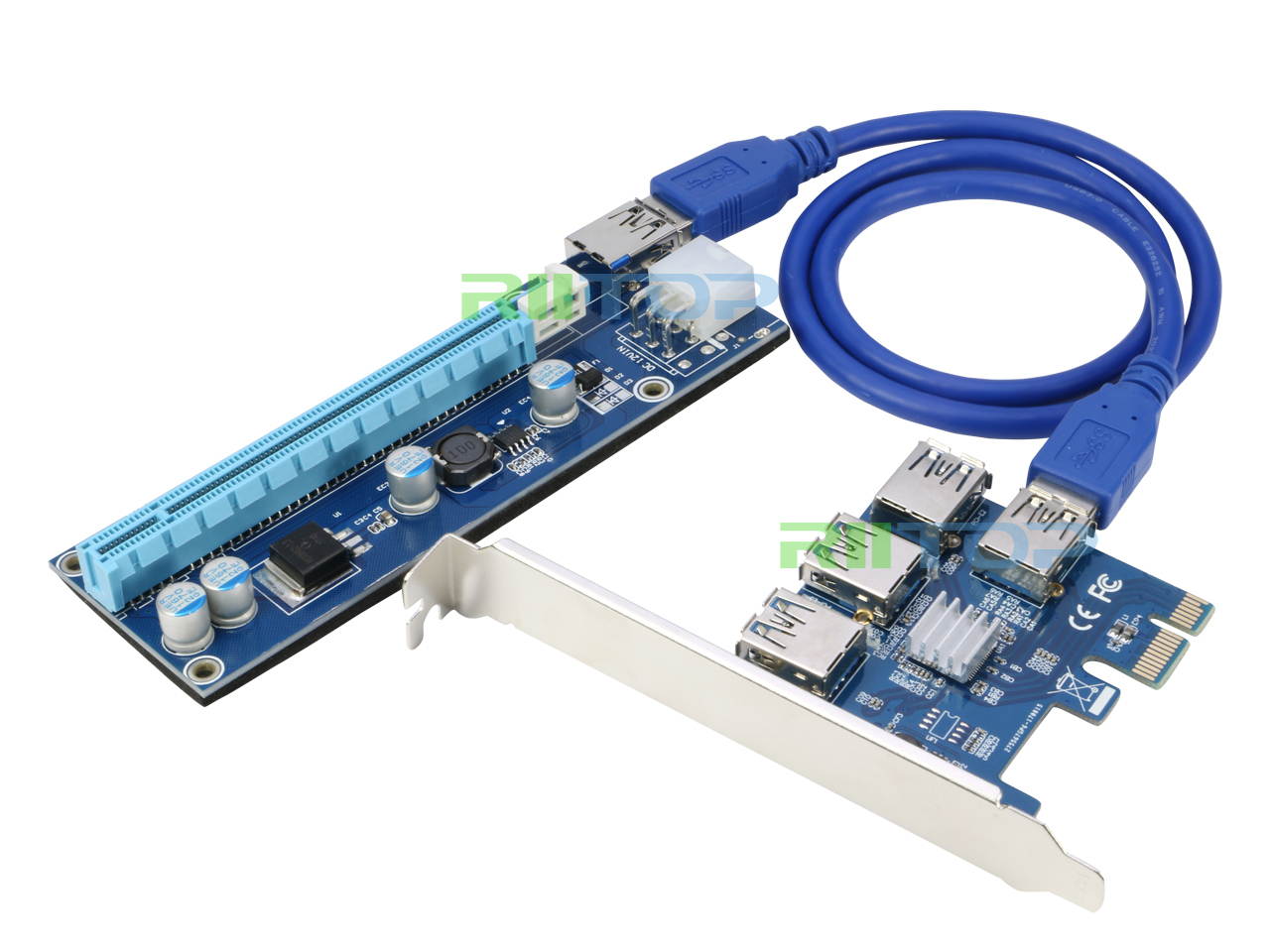 RIITOP 4 in 1 PCI-E Riser Card Adapter Board + 6 PIN 16x to 1x Powered Riser Adapter Card  GPU Riser Adapter - Ethereum Mining ETH - w/ 60cm USB 3.0 Extension Cable & 6-Pin PCI-E to SATA Power Cable
