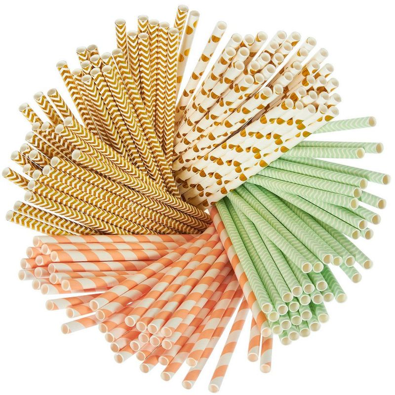 Juvale 160 Pack Paper Straws - Biodegradable Straws Mint Green, Metallic Gold, Polka Dots, Coral Stripes, and Chevron Design Bulk Drinking Straws