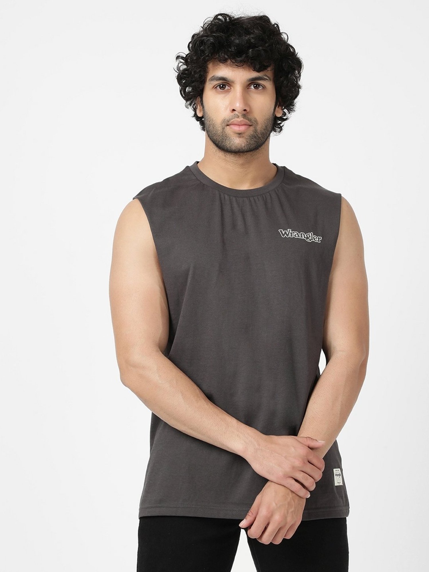 Wrangler Grey Cotton Regular Fit Printed Tank Tee
