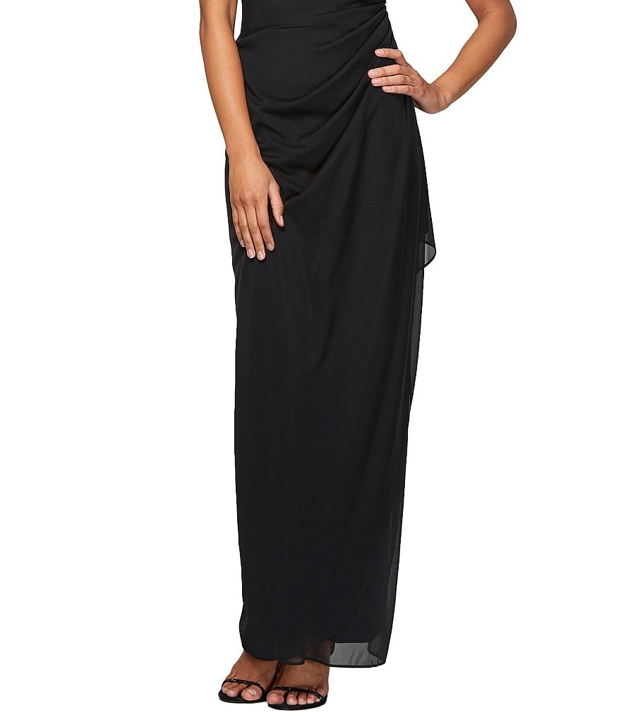 Alex Evenings Exposed-Shoulder Draped Cap-Sleeve Ruched Waterfall Hem Mesh Gown