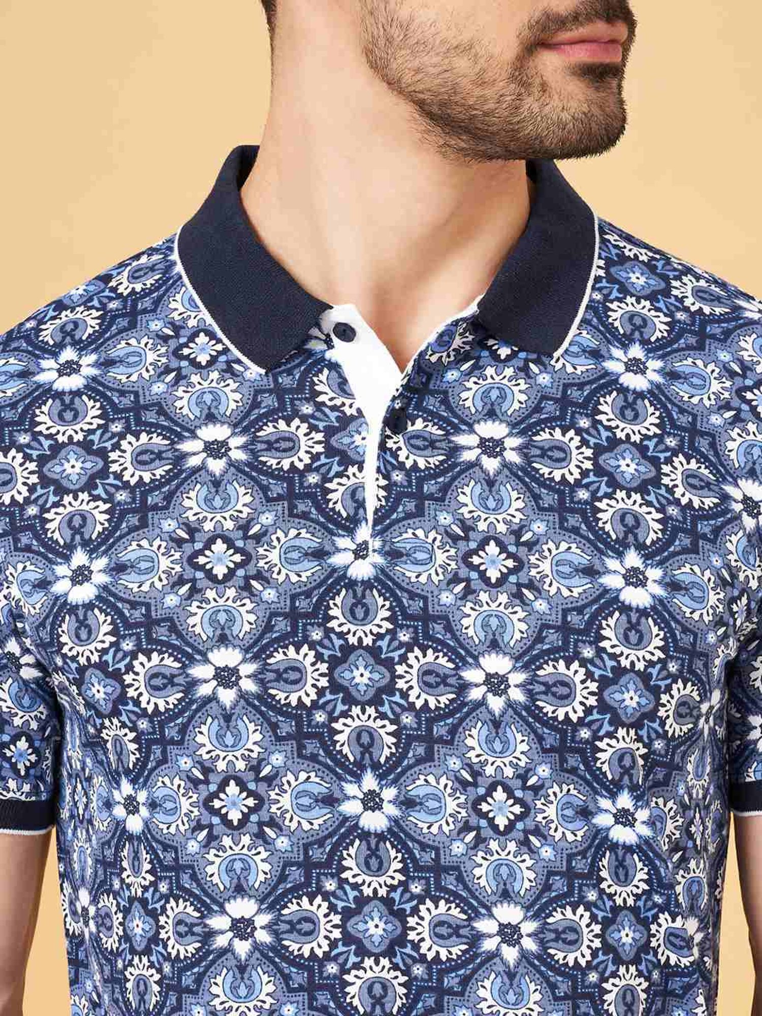 Byford By Pantaloons Navy Slim Fit Printed Polo T-Shirt