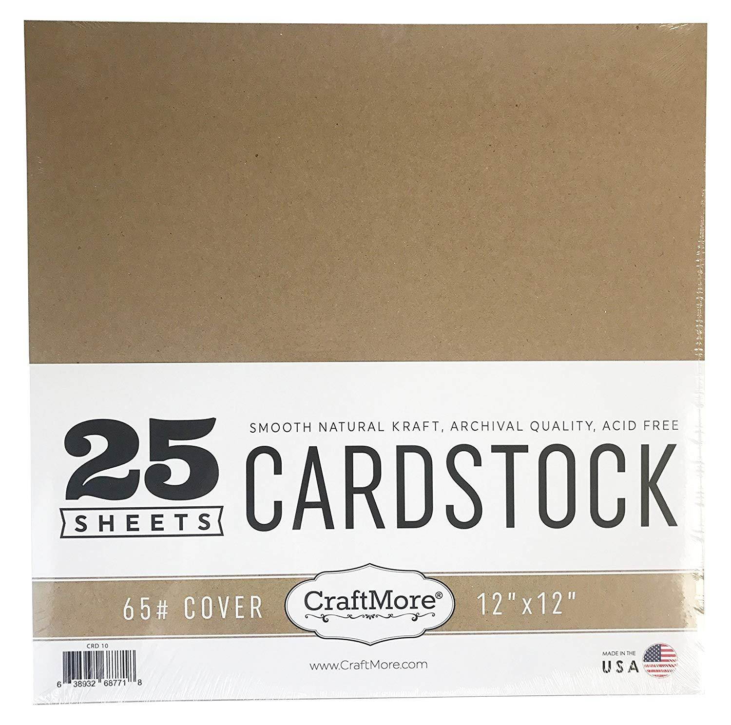 CraftMore Cardstock Paper Value Pack, 12"x12" Natural Kraft, 25 Sheets - Made in USA