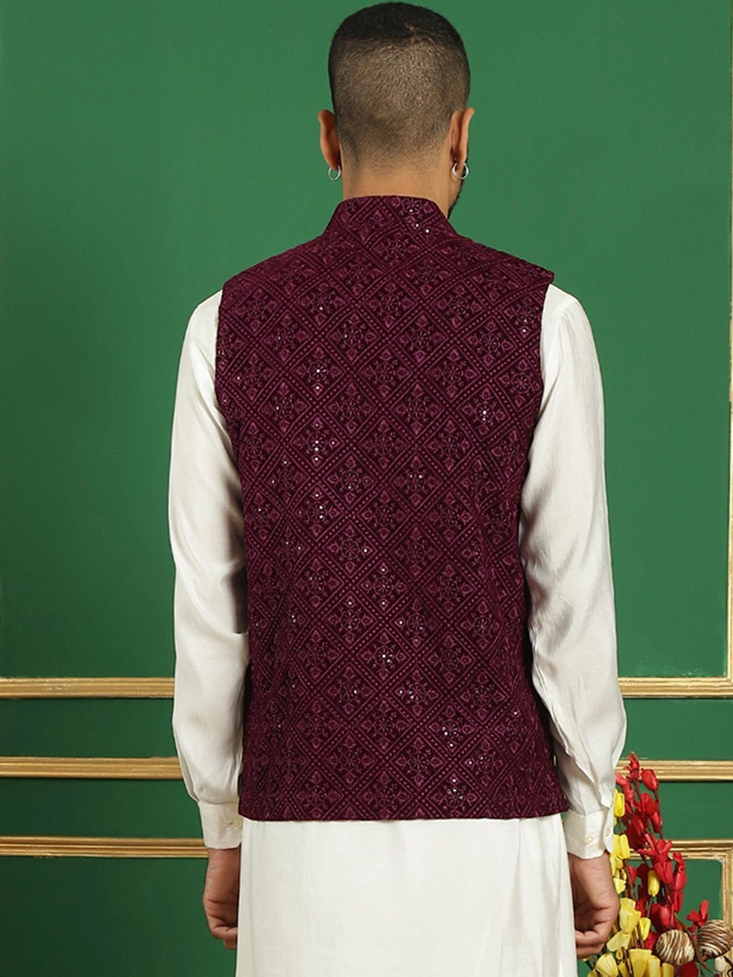 Jompers Purple Regular Fit Embroidered Nehru Jacket