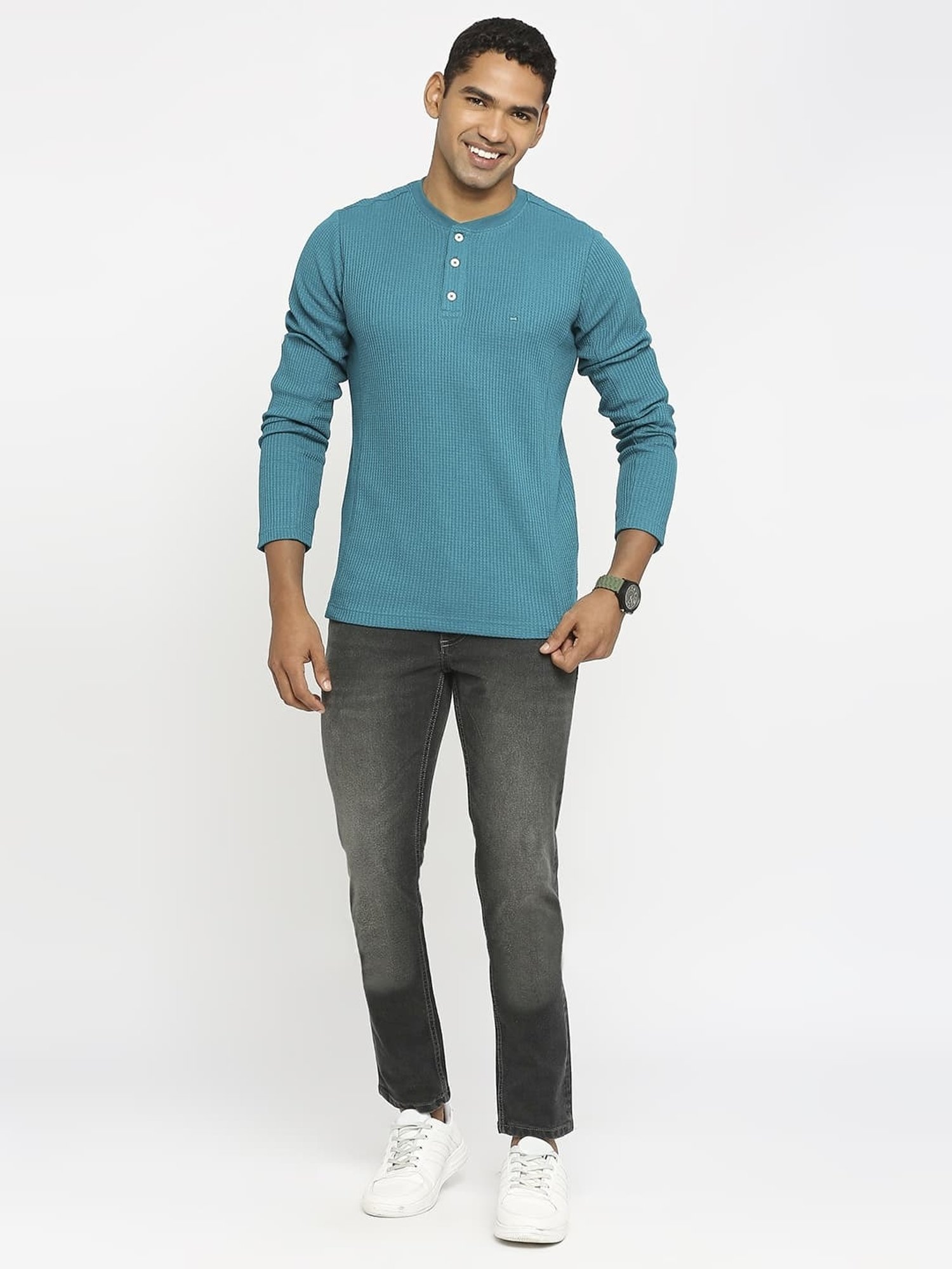 Basics Green Cotton Muscle Fit Texture Henley T-Shirt