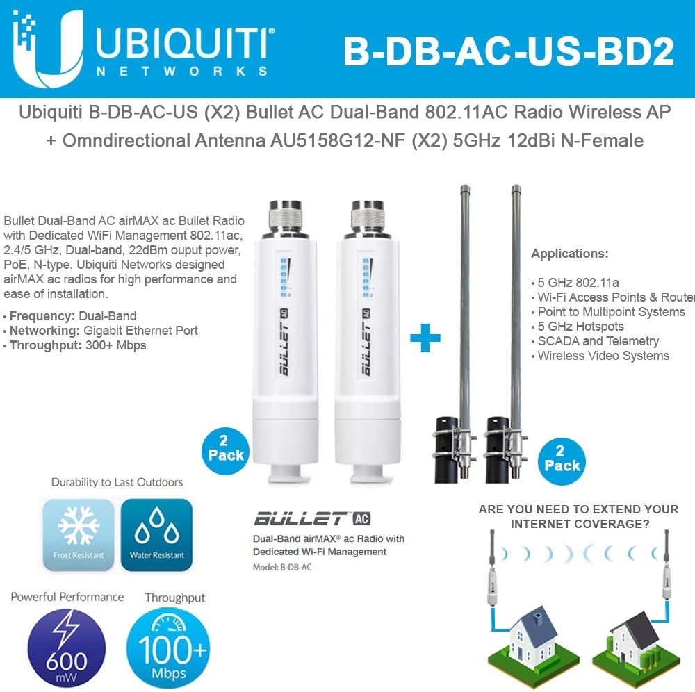 Bullet ac Bullet B-DB-AC-US Dual-Band Integrated Radio Outdoor Wireless Access Point (2-Pack) + Omni Antenna 5 GHz 12dBi (2-Pack)