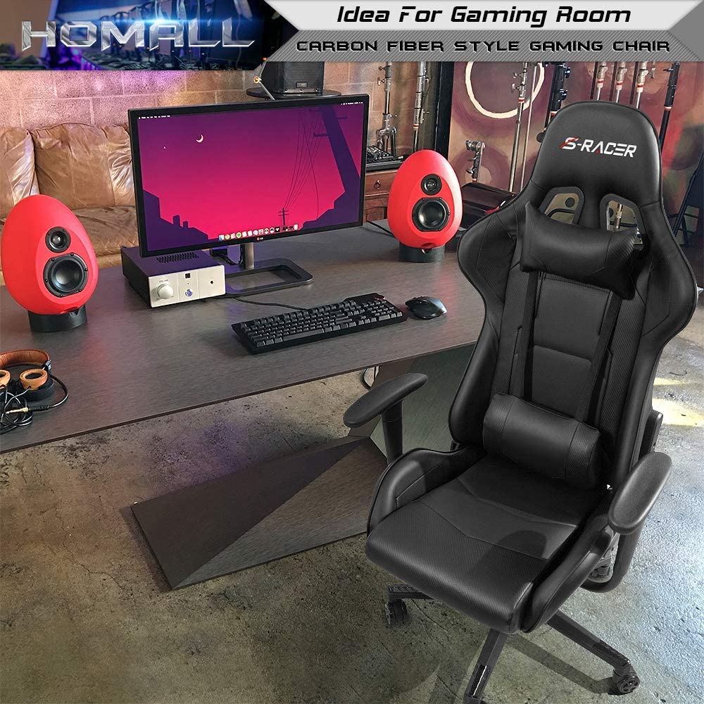 Homall Gaming Chair Office Chair High Back Computer Chair PU Leather Desk Chair Racing Executive Ergonomic Swivel Task Chair, Seat Height Adjustable, with Headrest and Lumbar Support (Blue)