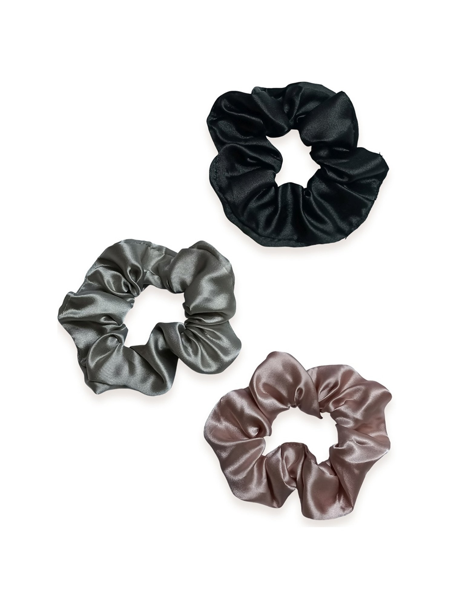 OOMPH Black, Grey & Nude Beige Satin Silk Scrunchy Rubber Band Hair Tie Ponytail Holder - Combo of 3