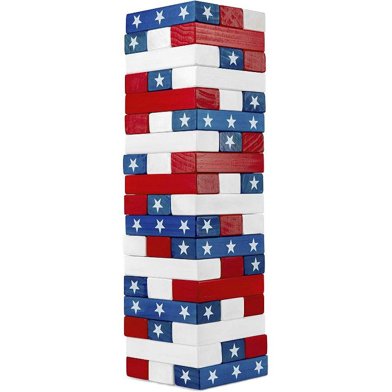 Sunny & Fun Giant Flag Tumbling Tower | 54 Piece Set Oversized Wooden Toppling Blocks | Indoor & Outdoor Stacking Yard Game for Adults & Kids | Great for Party Lawn Backyard | w/ Storage Carry Bag