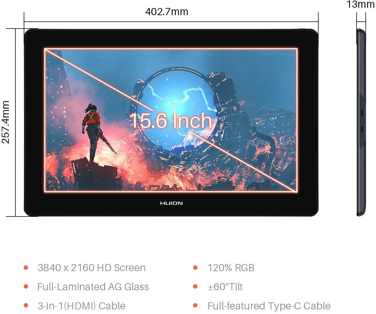 HUION Kamvas Pro 16(4K) UHD Graphic Drawing Monitor Full-Laminated Pen Display Drawing Tablet Screen Tilt Function 8192 Battery-Free Stylus, 120% sRGB, Stand Included -15.6 Inch