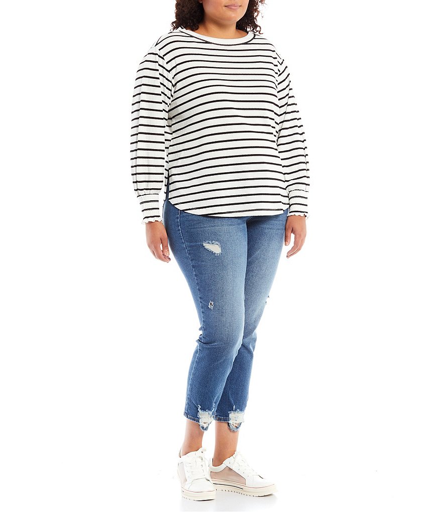 Jessica Simpson Plus Size Veera Stripe Smocked Cuff Crew Neck Drop Shoulder Long Blouson Sleeve Top