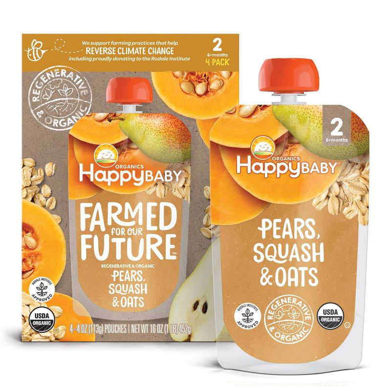 HappyBaby Farmed for Our Future 4pk Regenerative & Organic Pears Squash & Oats Baby Food Pouch - 16oz