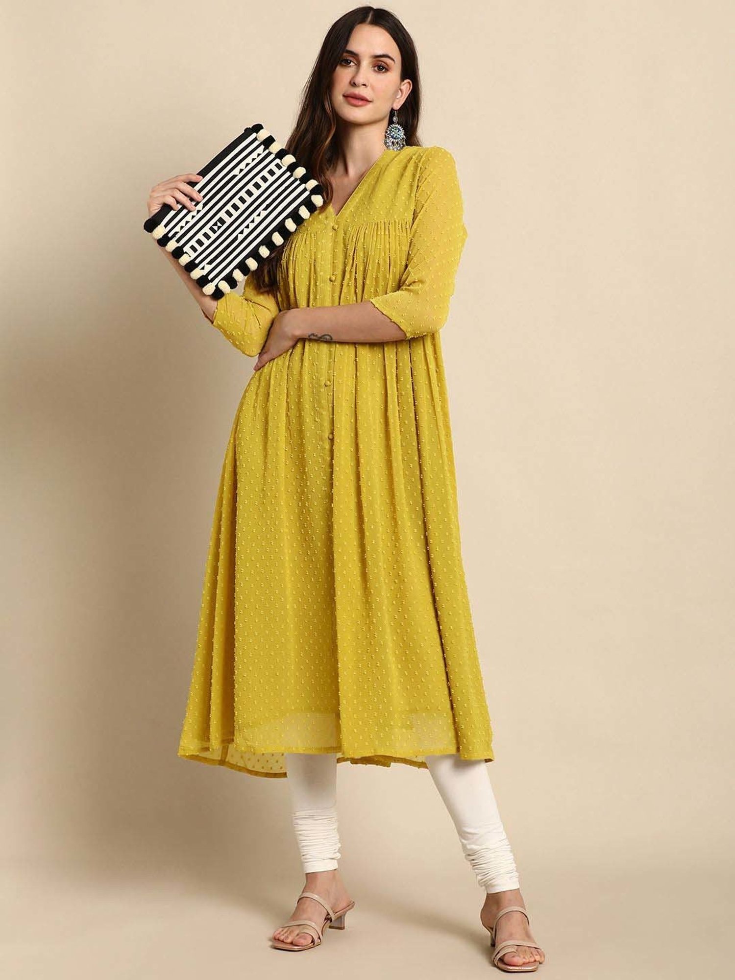 Janasya Mustard Woven Pattern A Line Kurta