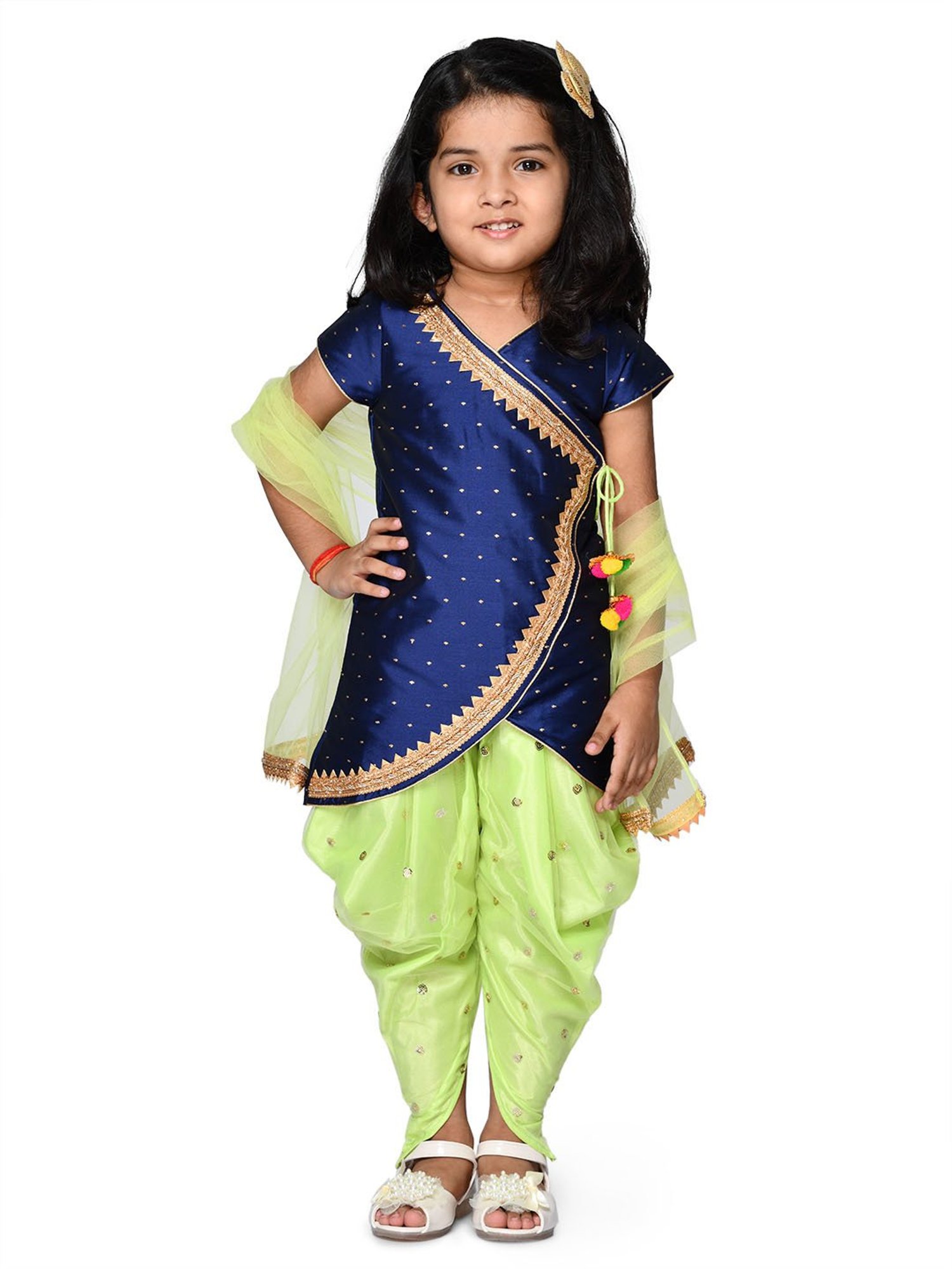 Saka Designs Kids Navy & Green Printed Kurti with Dhoti & Dupatta