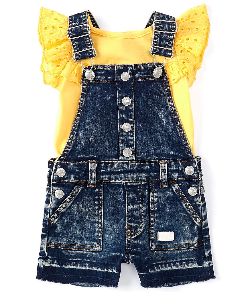7 for all mankind Baby Girls 12-24 Months Flutter Sleeve Eyelet Ruffle Top & Denim Shortall Set