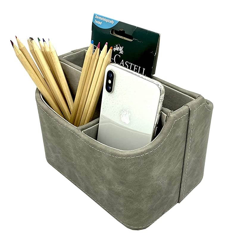 PU Leather 360 Degrees Rotatable Remote Control/Controller Organizer, Spinning TV Guide/Mail/Media Desktop Organizer Caddy Holder (Oiled Leather Grey)