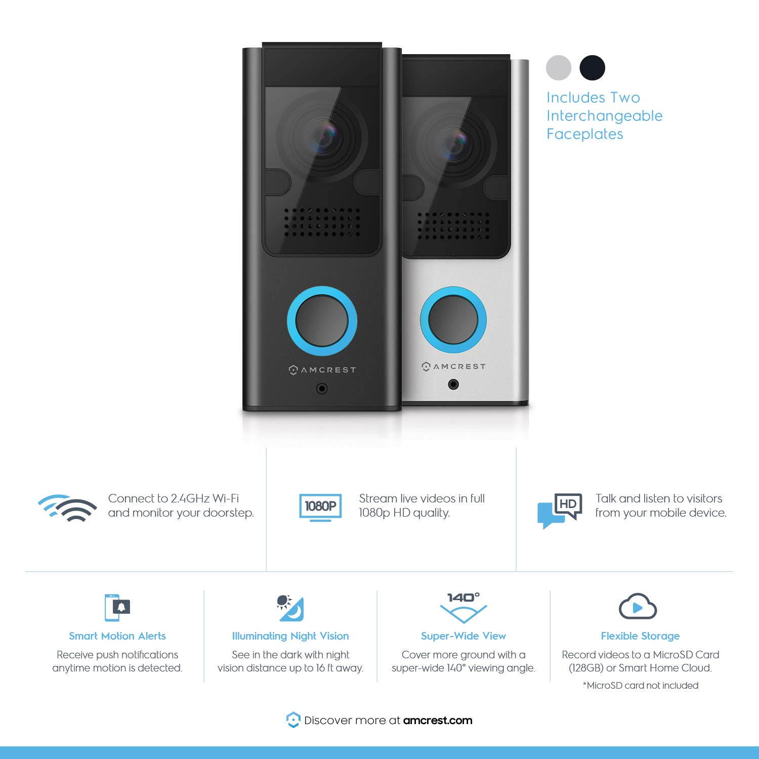 Amcrest Video Doorbell Camera, 2.4 GHz Wi-Fi Doorbell Camera, IP55 Weatherproof, Two-Way Audio, 140&ordm; Wide Angle, AD110