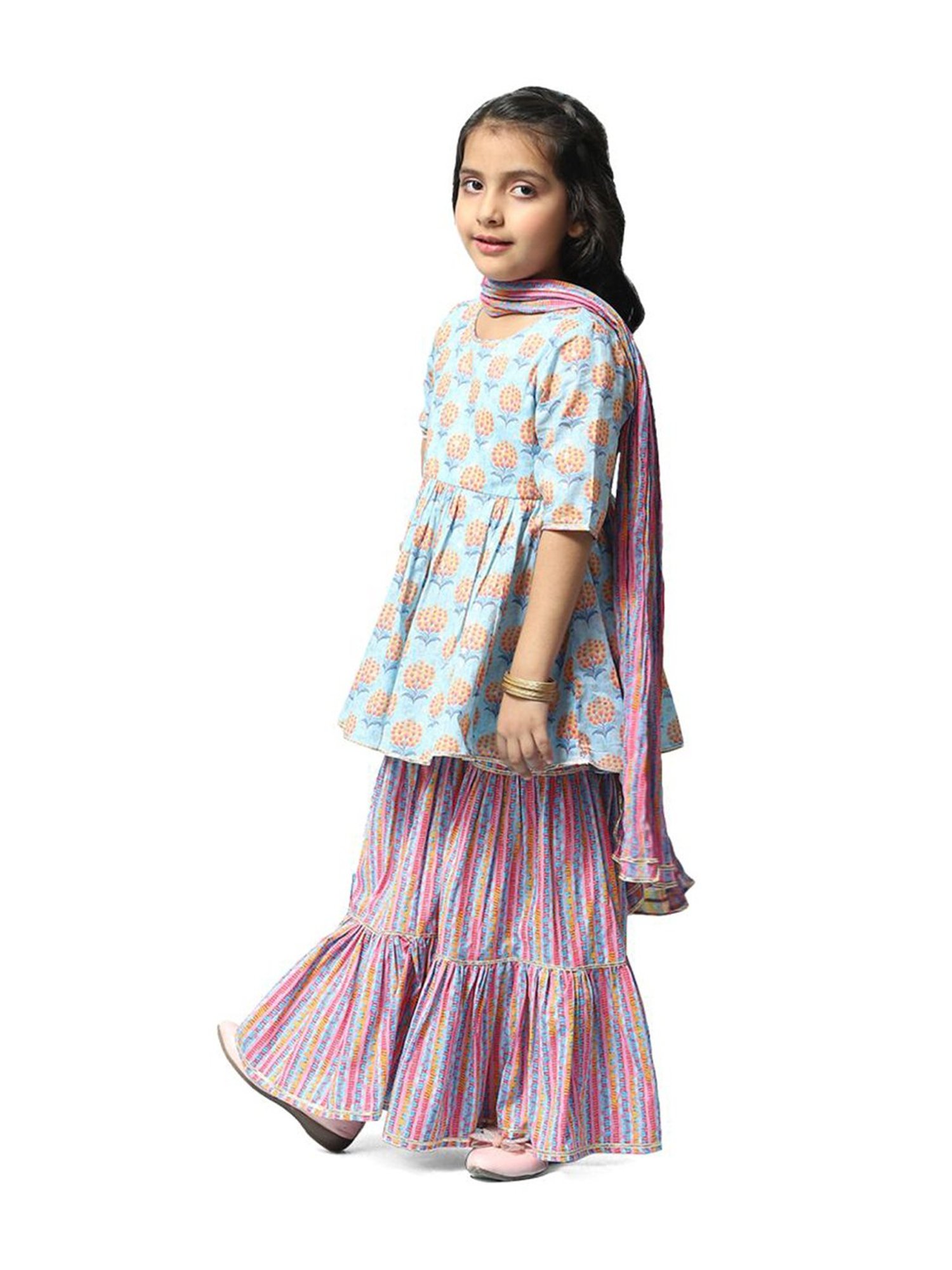 BIBA Girls Blue & Pink Cotton Printed Kurta Set
