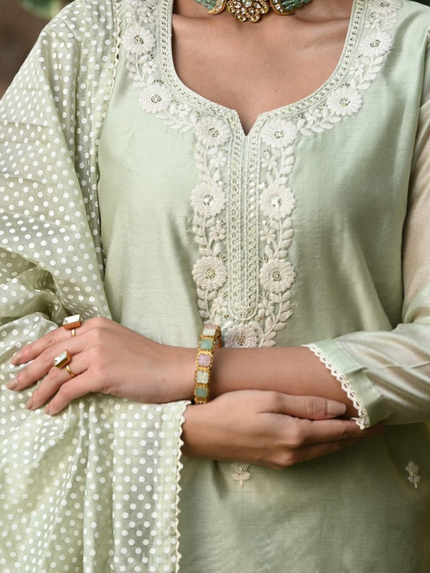 Mahee Jaipur Aquamarine Pistachio Green Chanderi Kurta With Pant And Dupatta