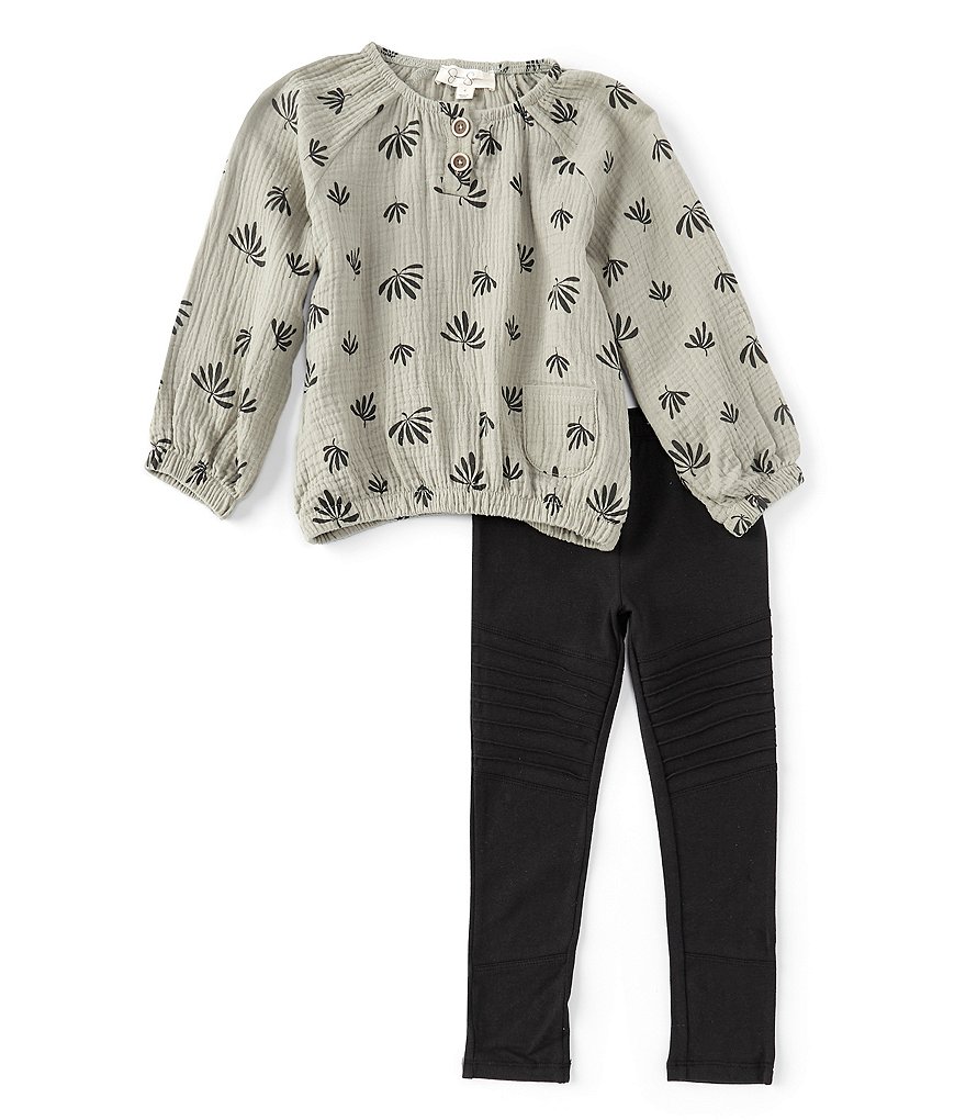 Jessica Simpson Little Girls 2T-6X Puff Long-Sleeve All-Over Print Pleated Top & Leggings Set