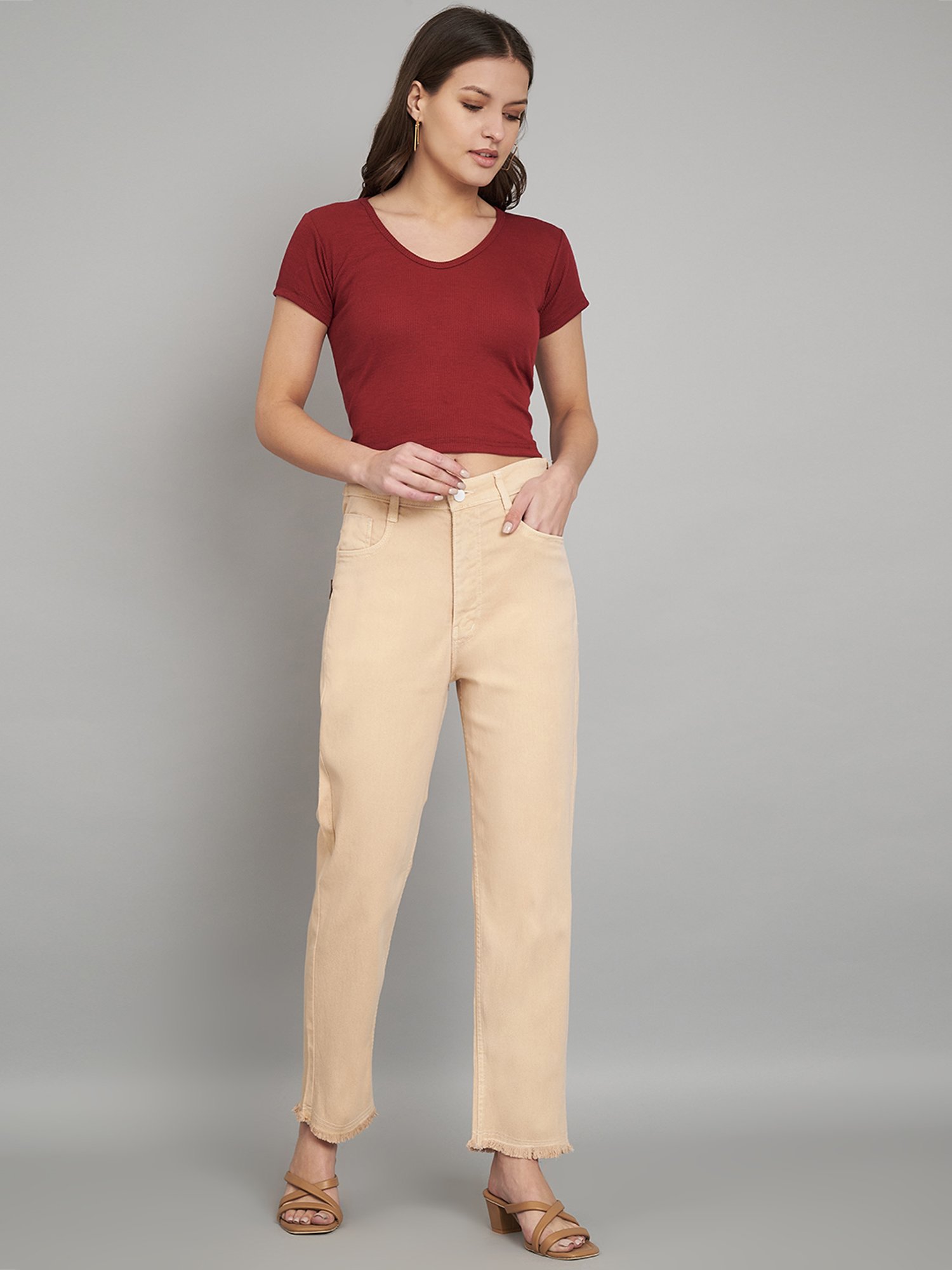Angelfab Beige Cotton Straight Fit High Rise Jeans