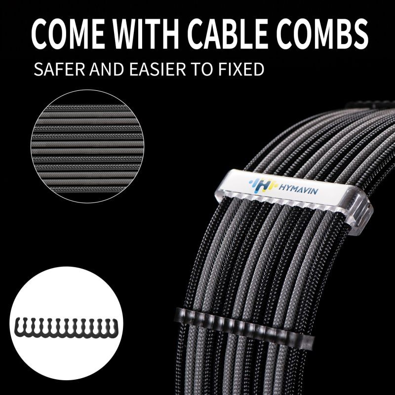 PSU Extension cable,HYMAVIN PSU Sleeved Cable, 16AWG White Braided ATX EPS PCI-E Extension Cable Kit with Combs for CPU GPU Power Supply Unit 30CM,4 + 4 pin, 6 + 2 pin, 24 pin ATX extension,White