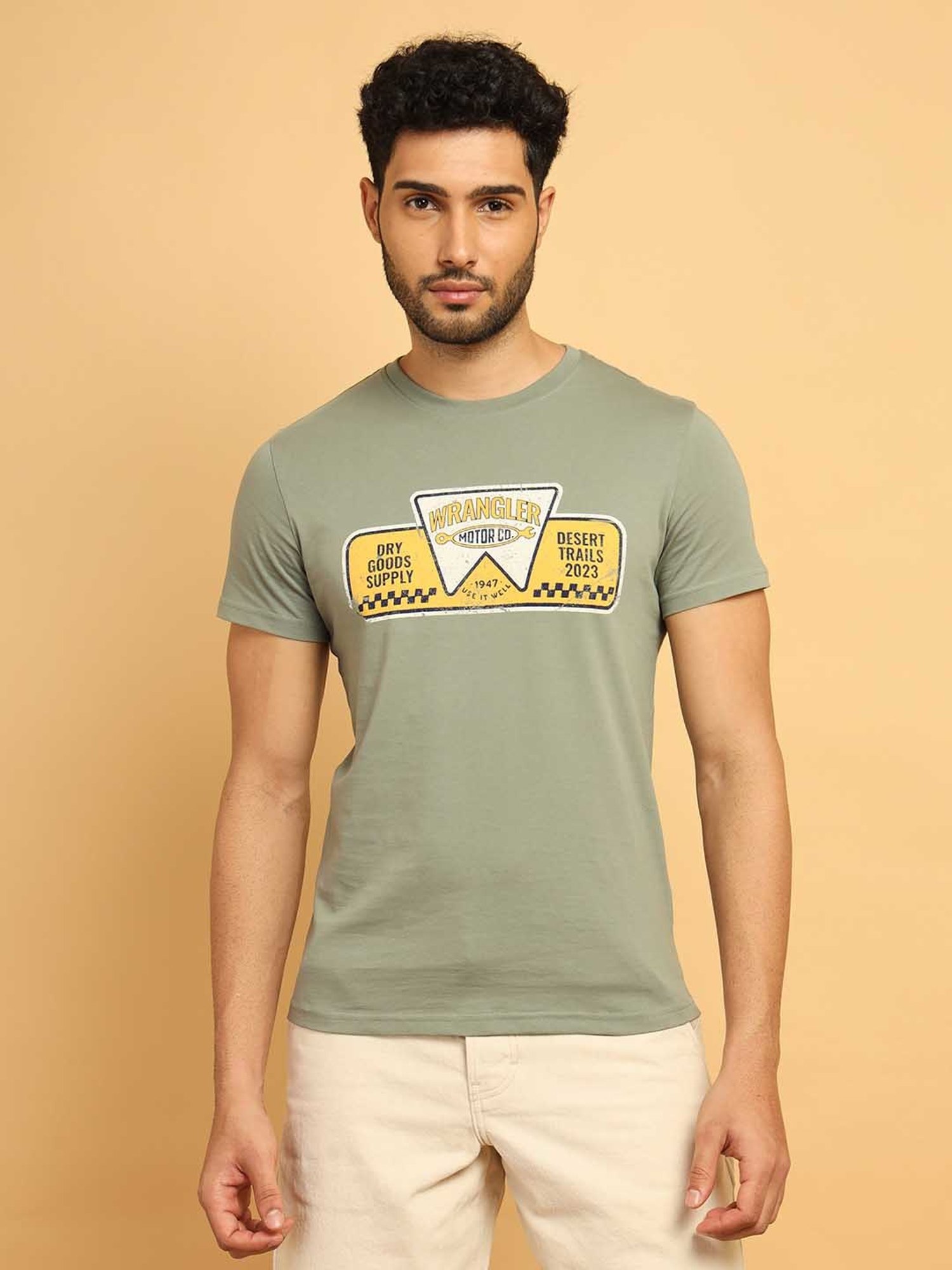Wrangler Light Olive Regular Fit Graphic Print Cotton Crew T-Shirt