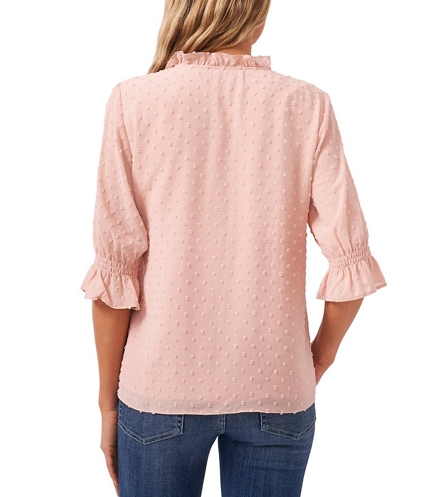 CeCe Split Neck Elbow Sleeve Clip Dot Chiffon Blouse