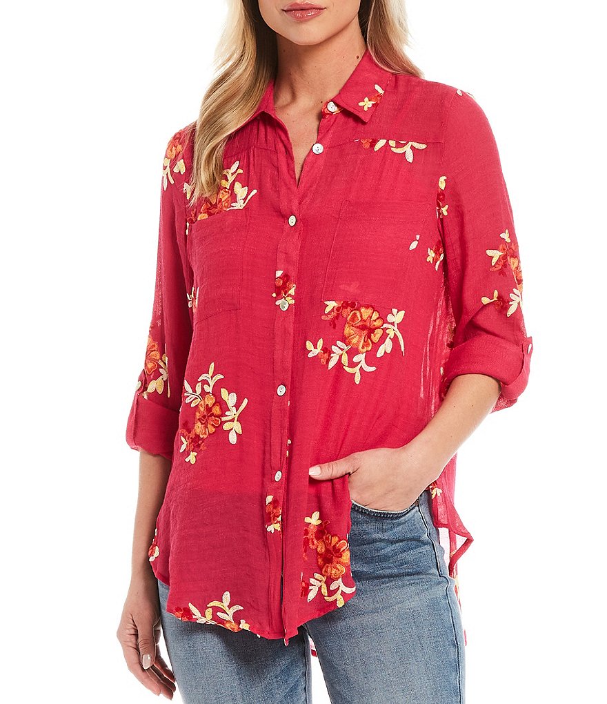 Figueroa & Flower Margo Floral Embroidery Roll-Tab Sleeve Button Down Tie-Front Shirt