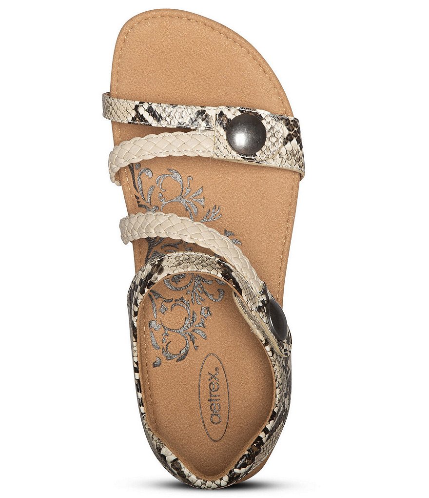 Aetrex Jillian Braided Quarter Strap Snake Print Leather Cork Wedge Sandals
