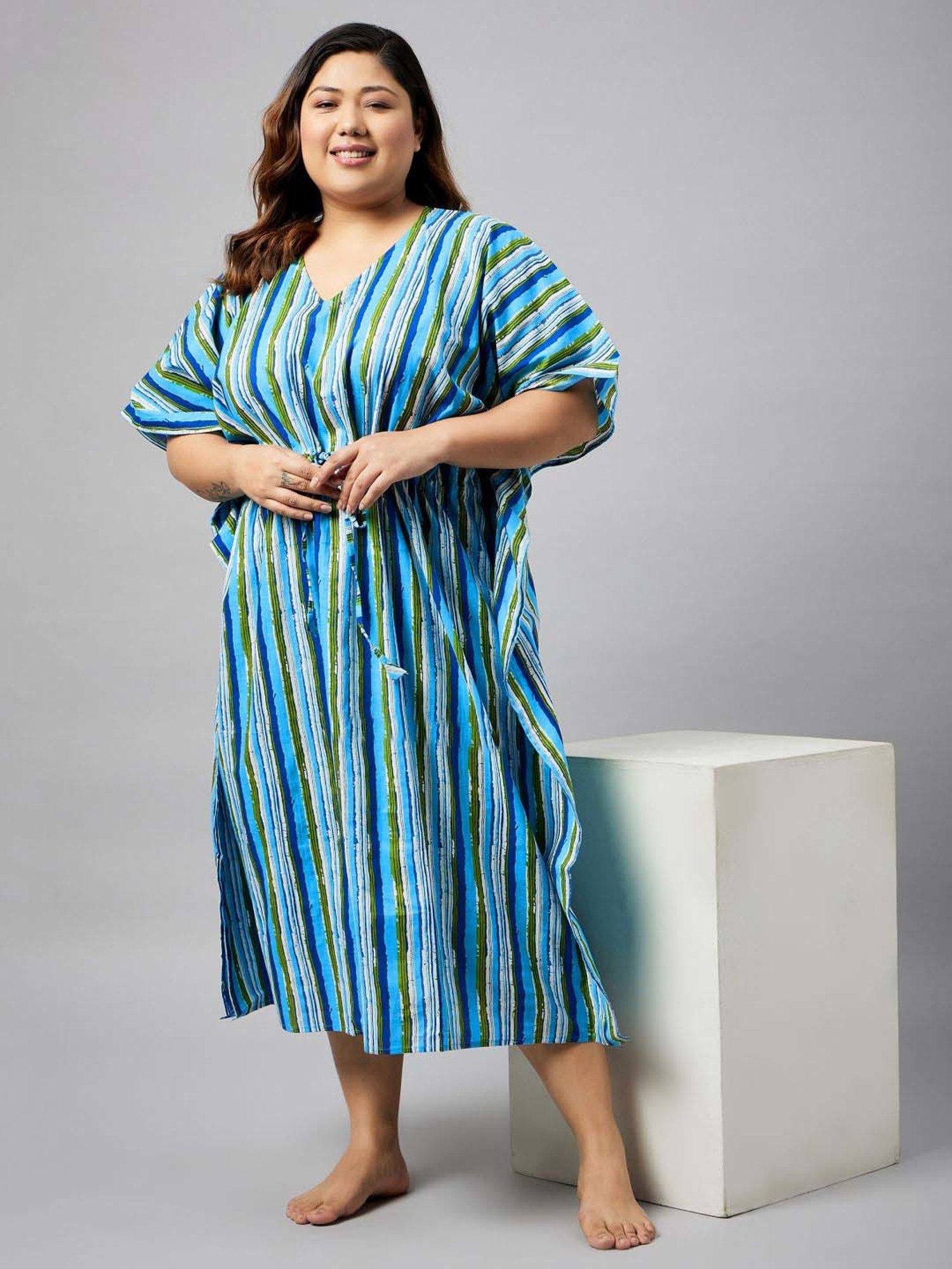 Secrets By ZeroKaata Peacock Blue Cotton Printed Kaftan