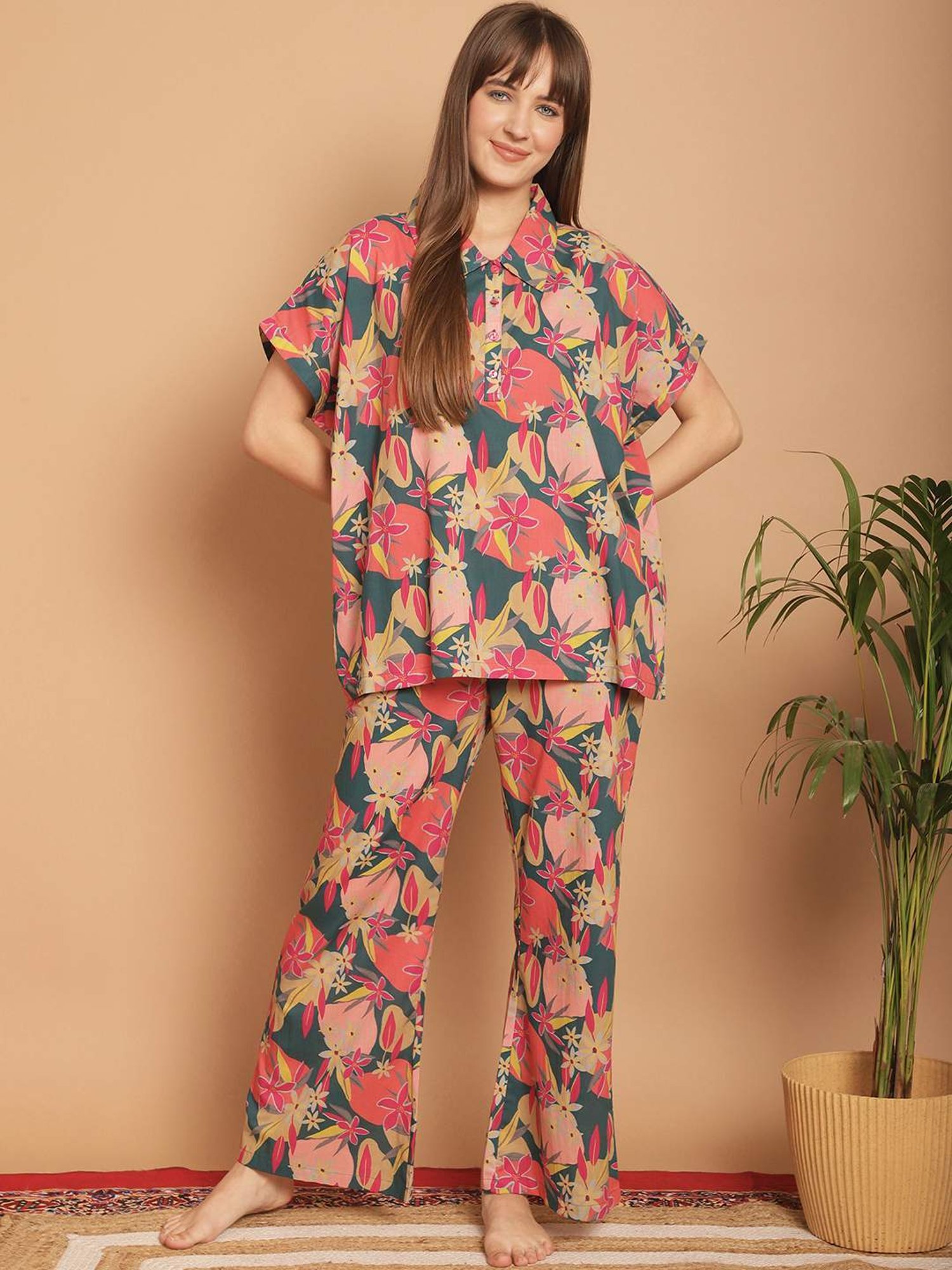Kanvin Pink & Green Cotton Printed Shirt Pyjamas Set