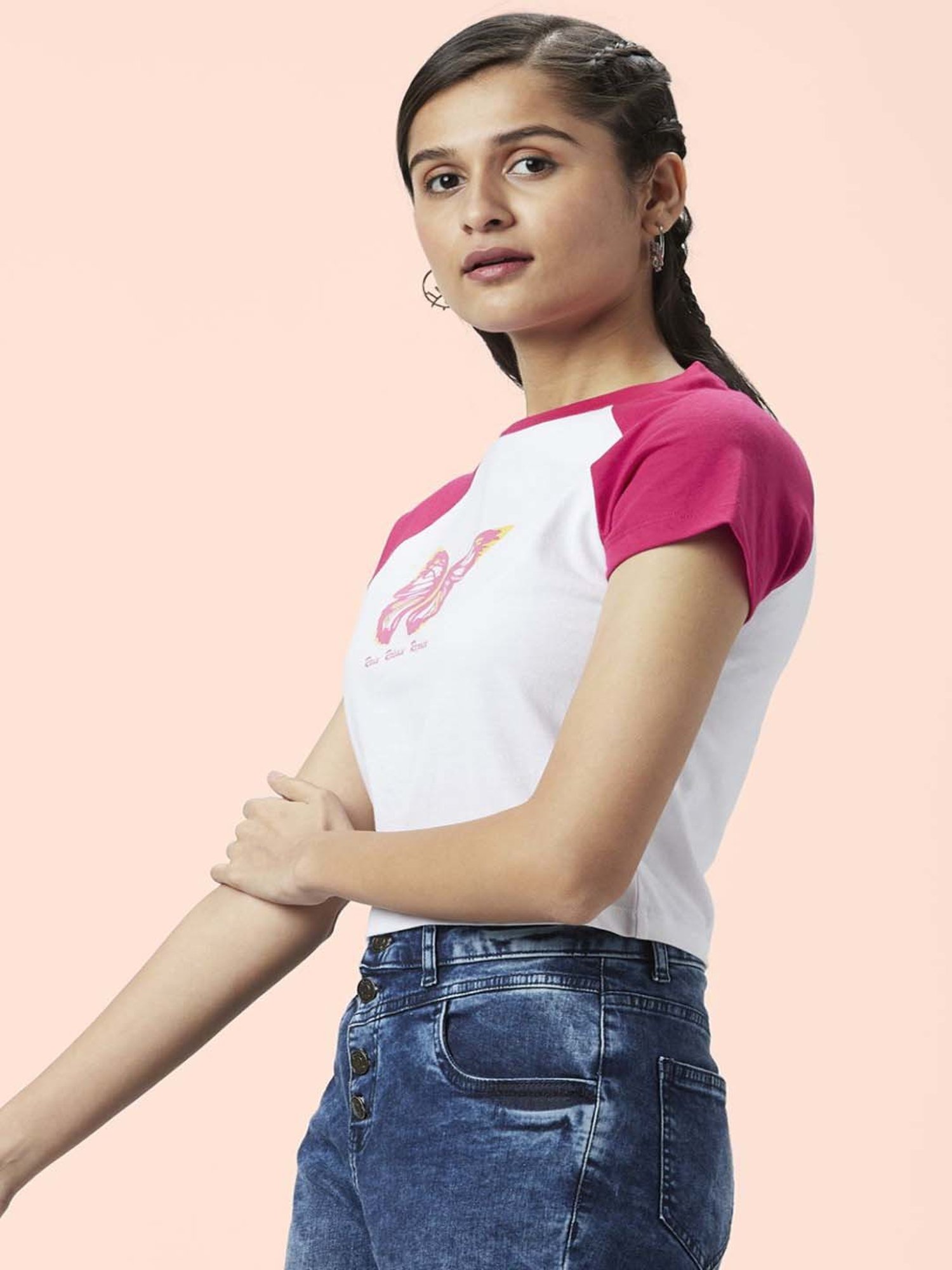 People by Pantaloons White Cotton Printed Crop T-Shirt