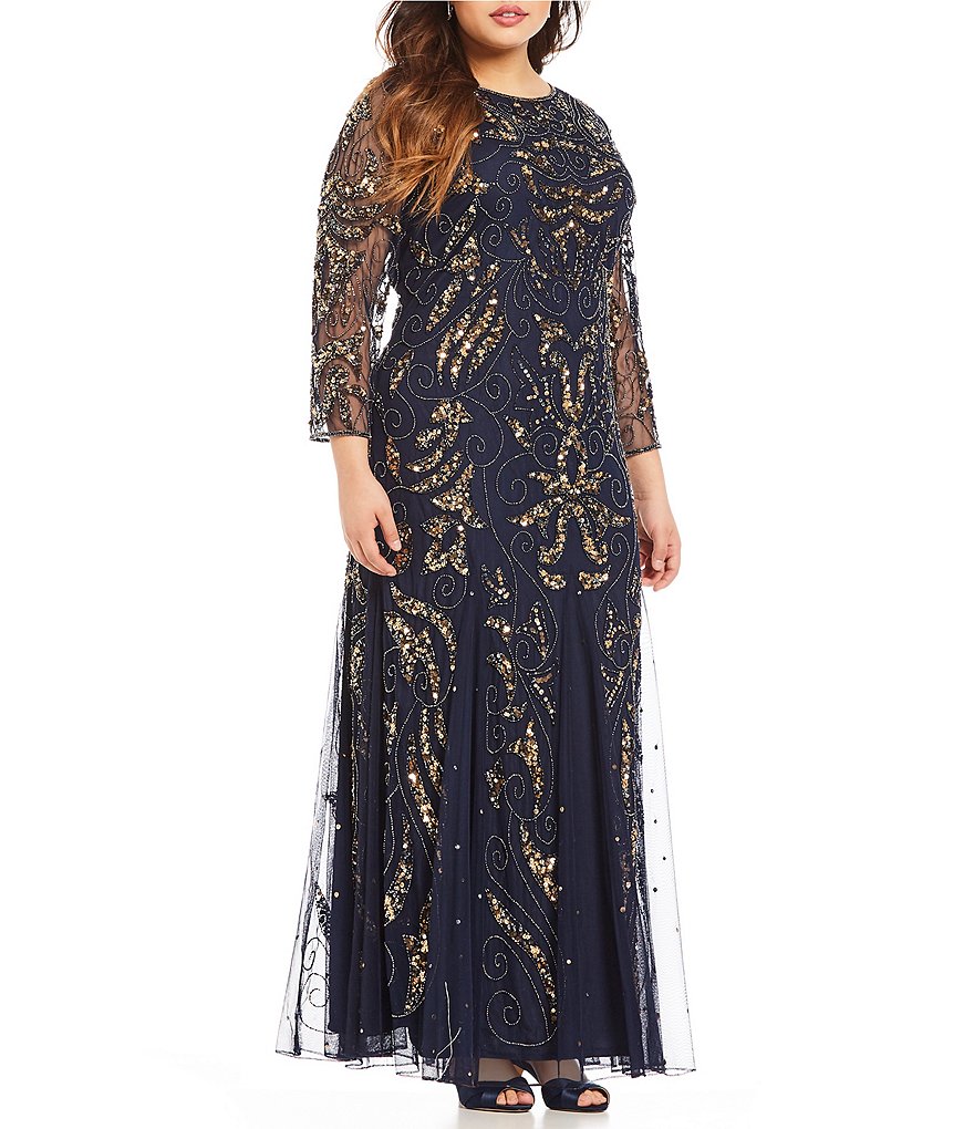 Pisarro Nights Plus Size 3/4 Sleeve Round Neck Beaded Gown