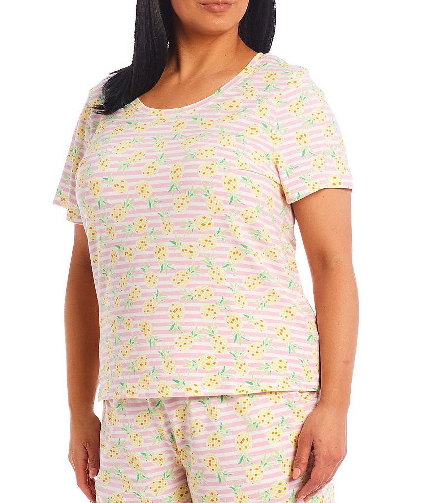 Sleep Sense Plus Stripe & Pineapple Printed Jersey Knit Coordinating Sleep Tee