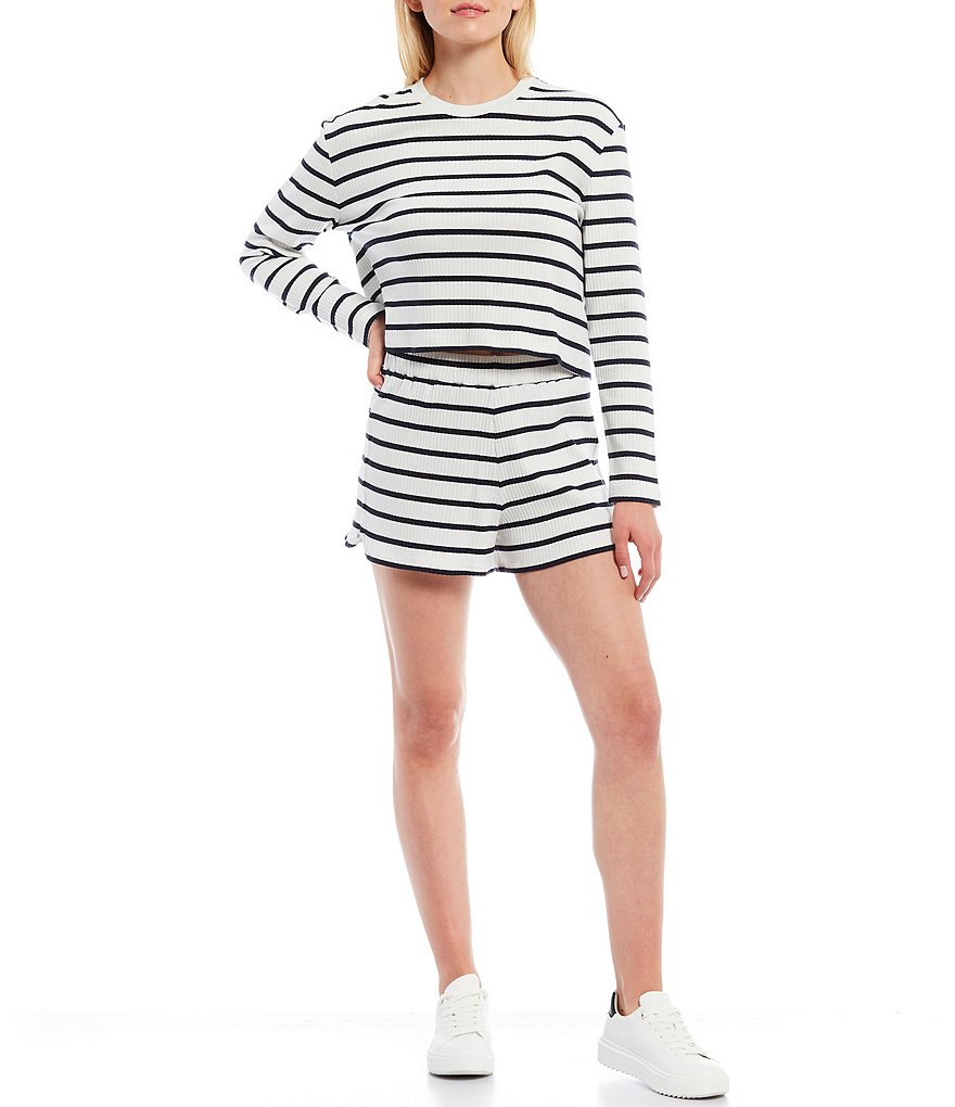 French Connection Tommy Stripe Rib Knit Coordinating Crew Neck Long Sleeve Cropped Tee