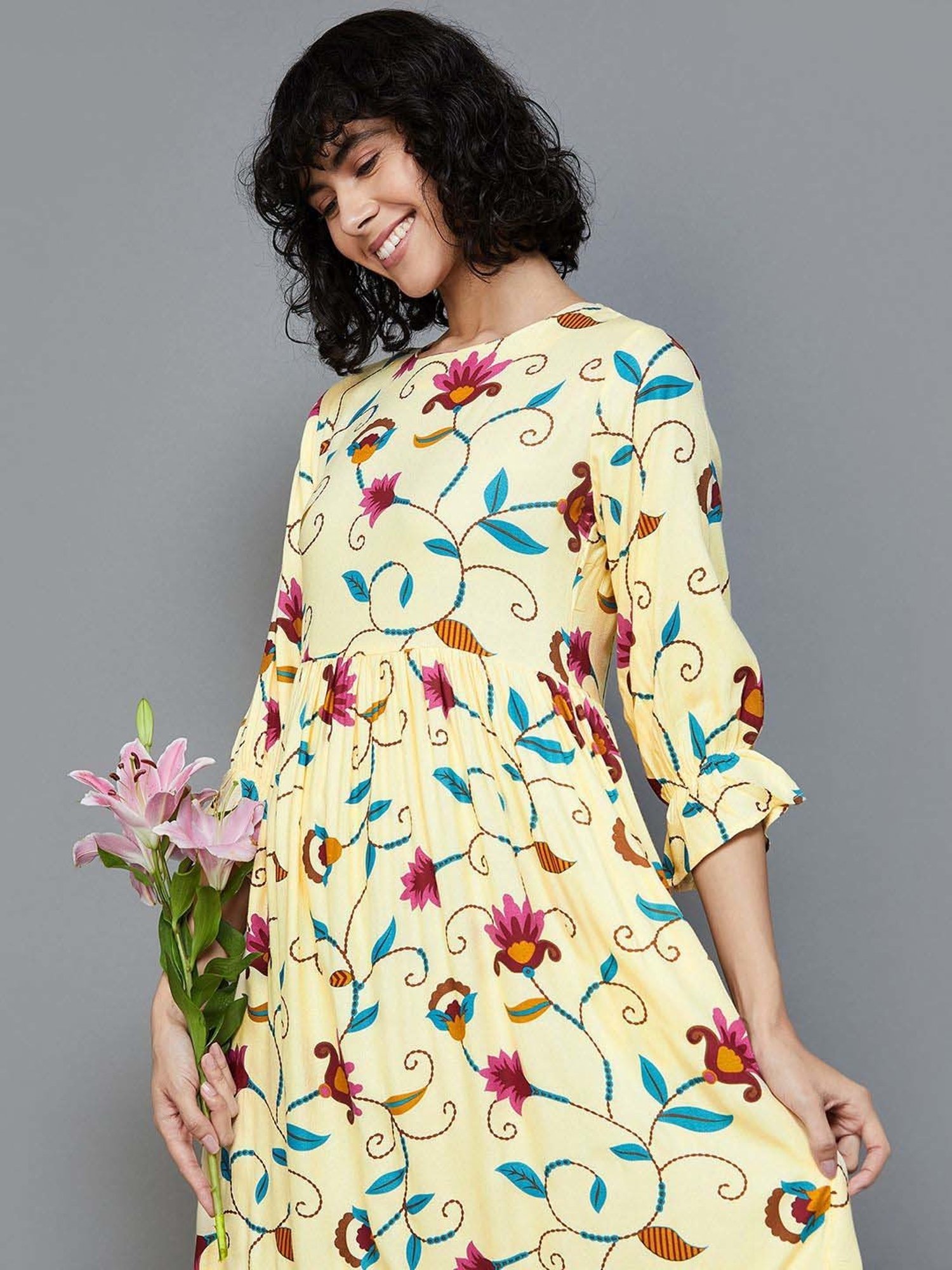 Colour Me by Melange Yellow Printed A-Line Dress