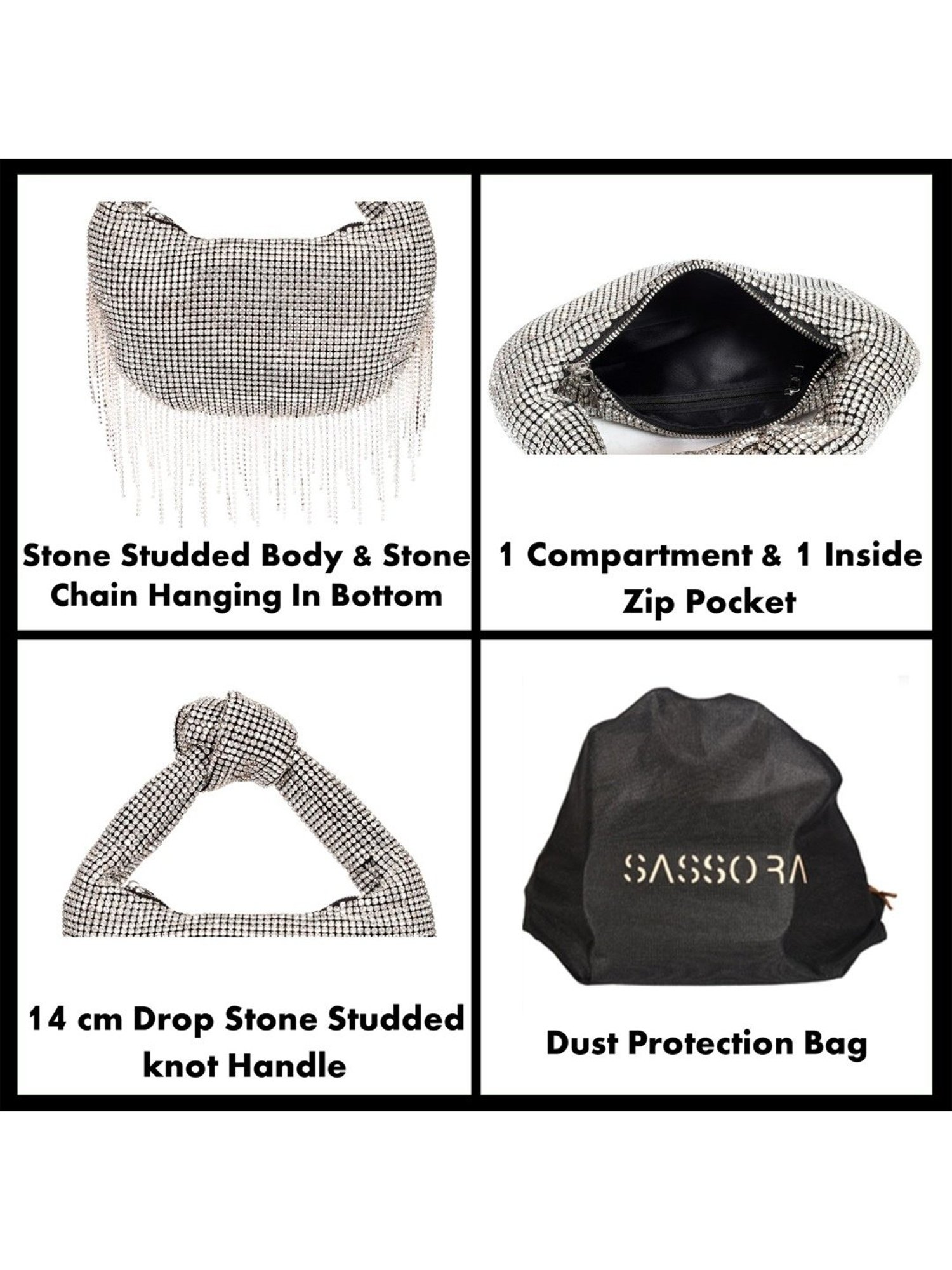 SASSORA RIM Silver Leather Embellished small Handbag