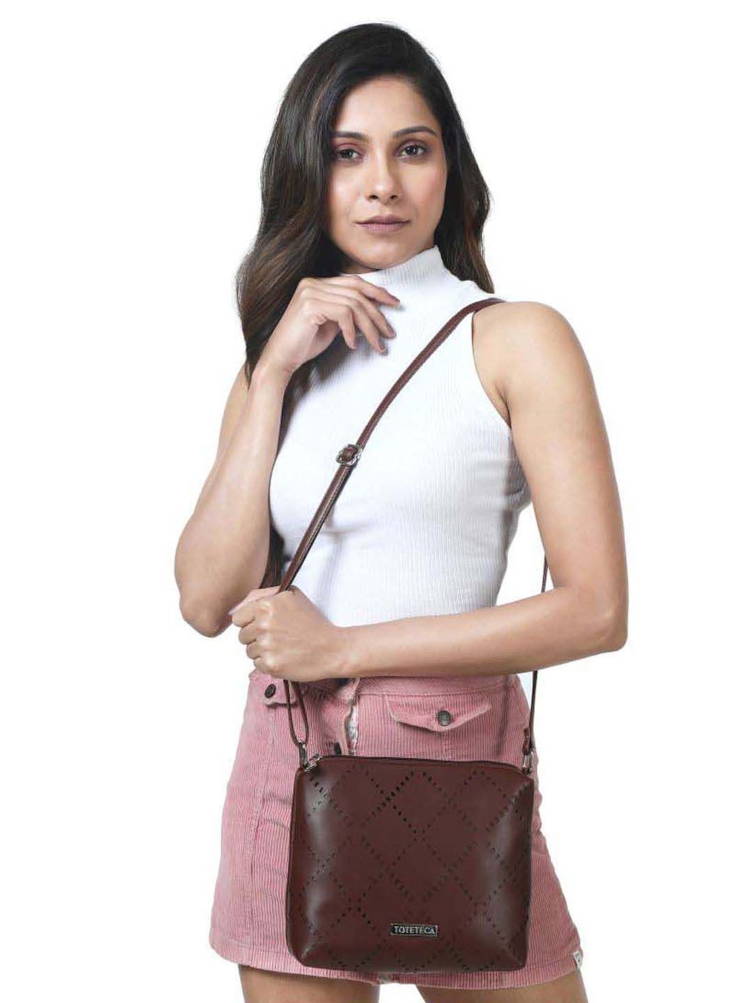 Toteteca Brown Cut Work Medium Sling Handbag