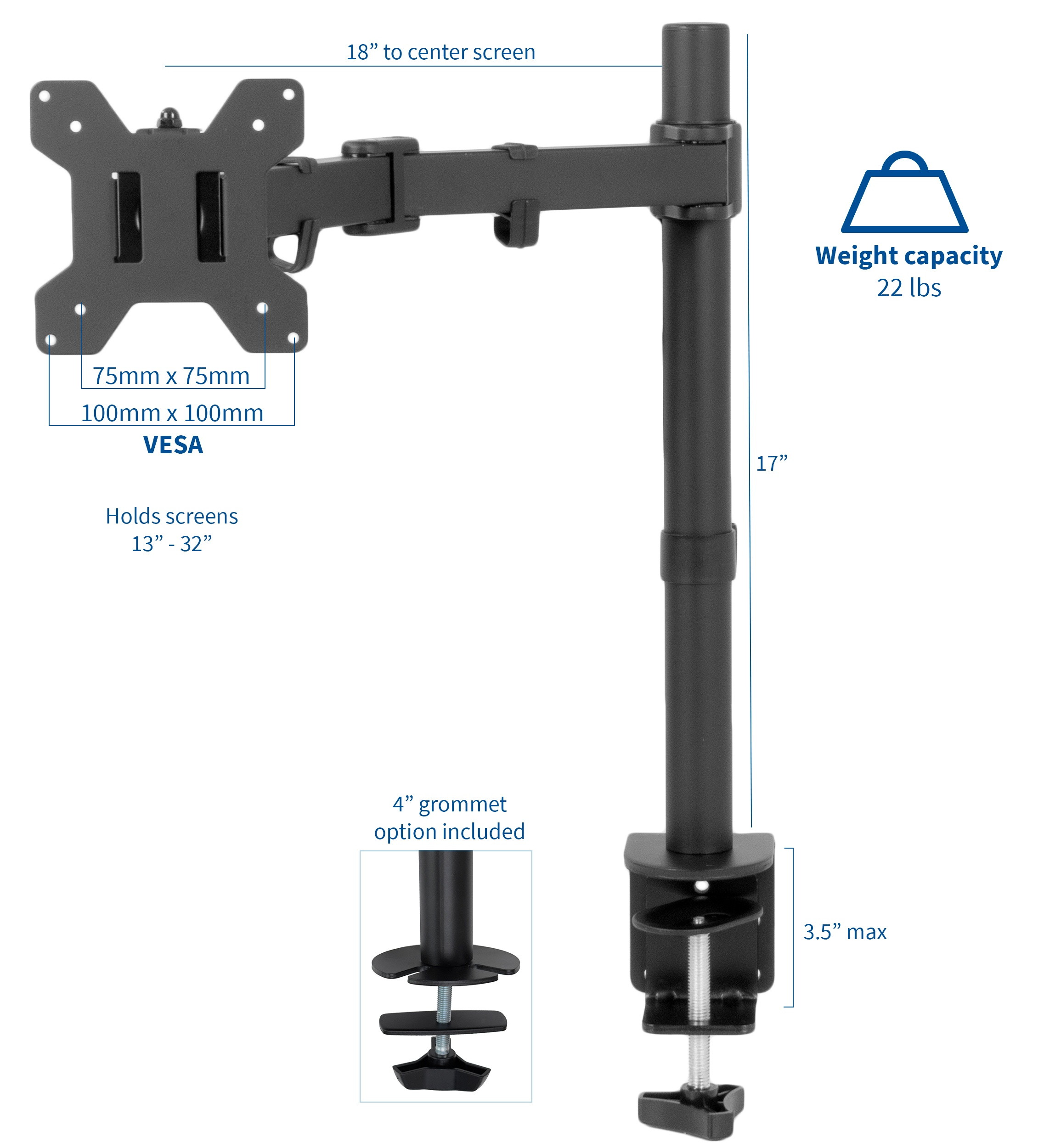 VIVO Full Motion Single VESA Monitor Desk Mount Stand with Double Center Arm Joint | For 13" to 32" Screen (STAND-V101D)
