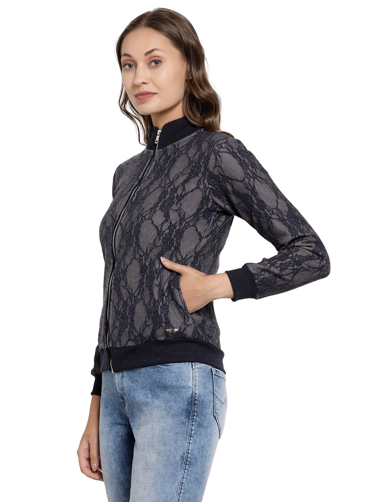 Juelle Blue Self Design Full Sleeves Jacket