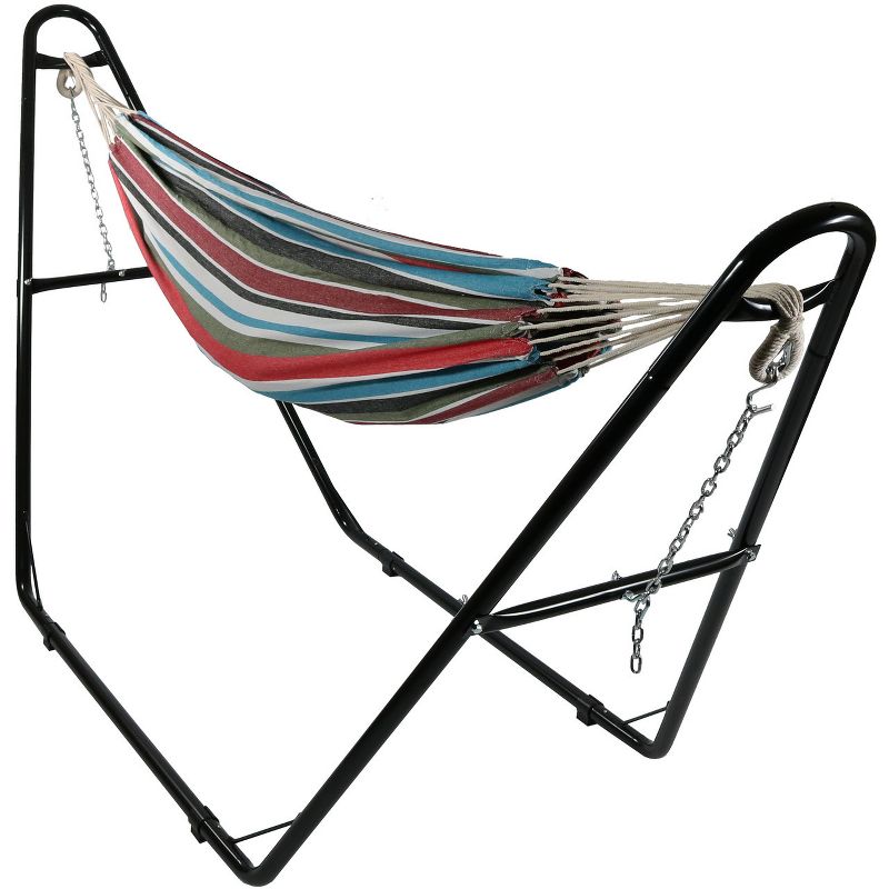 Sunnydaze Outdoor 2-Person Double Cotton Brazilian Hammock with Black Steel Universal Multi-Use Stand - Cool Breeze