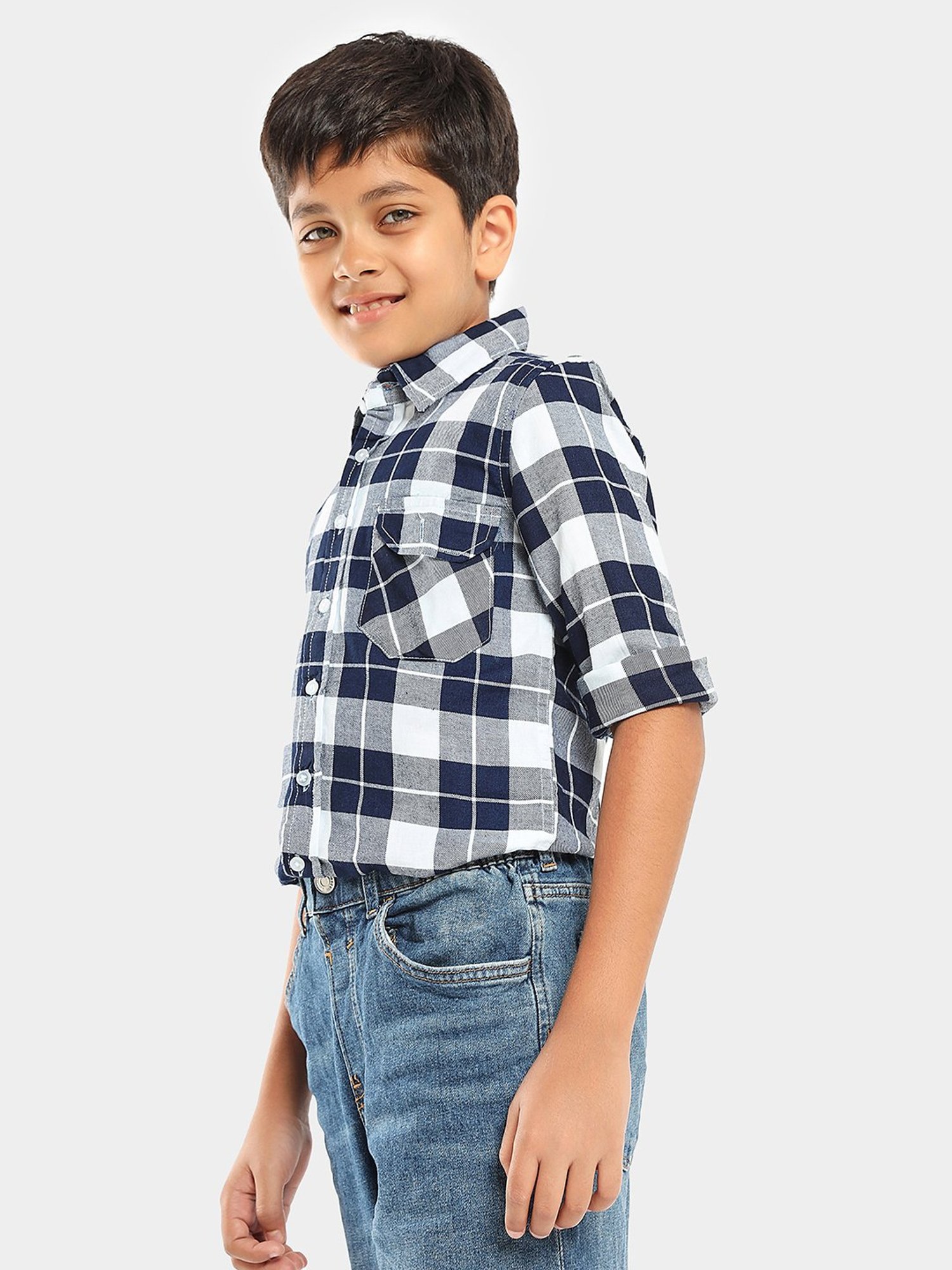 LilPicks Kids White & Navy Checks Shirt