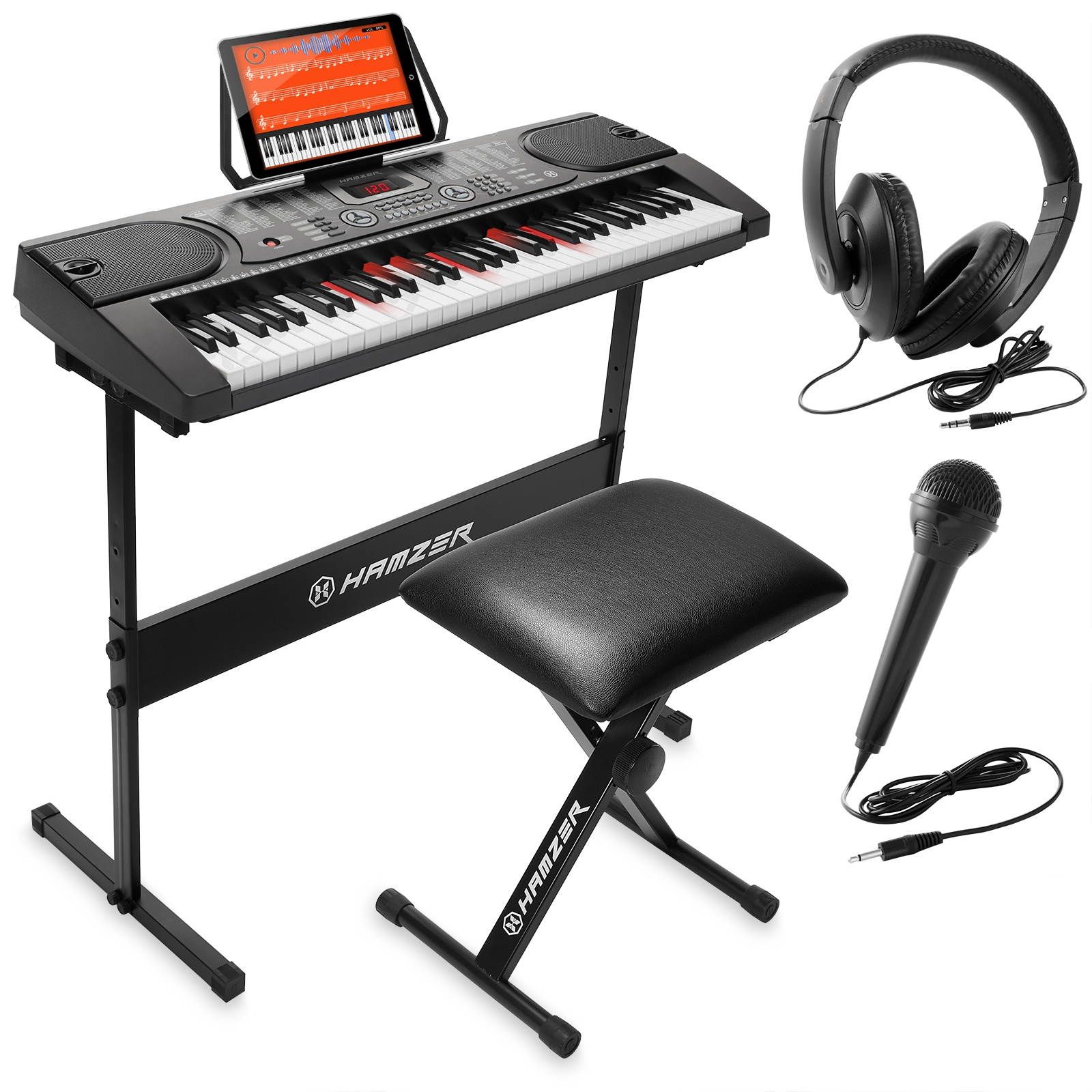 Hamzer 61-Key Electronic Keyboard Portable Digital Music Piano with Lighted Keys, H Stand, Stool, Headphones Microphone, & Sticker Set
