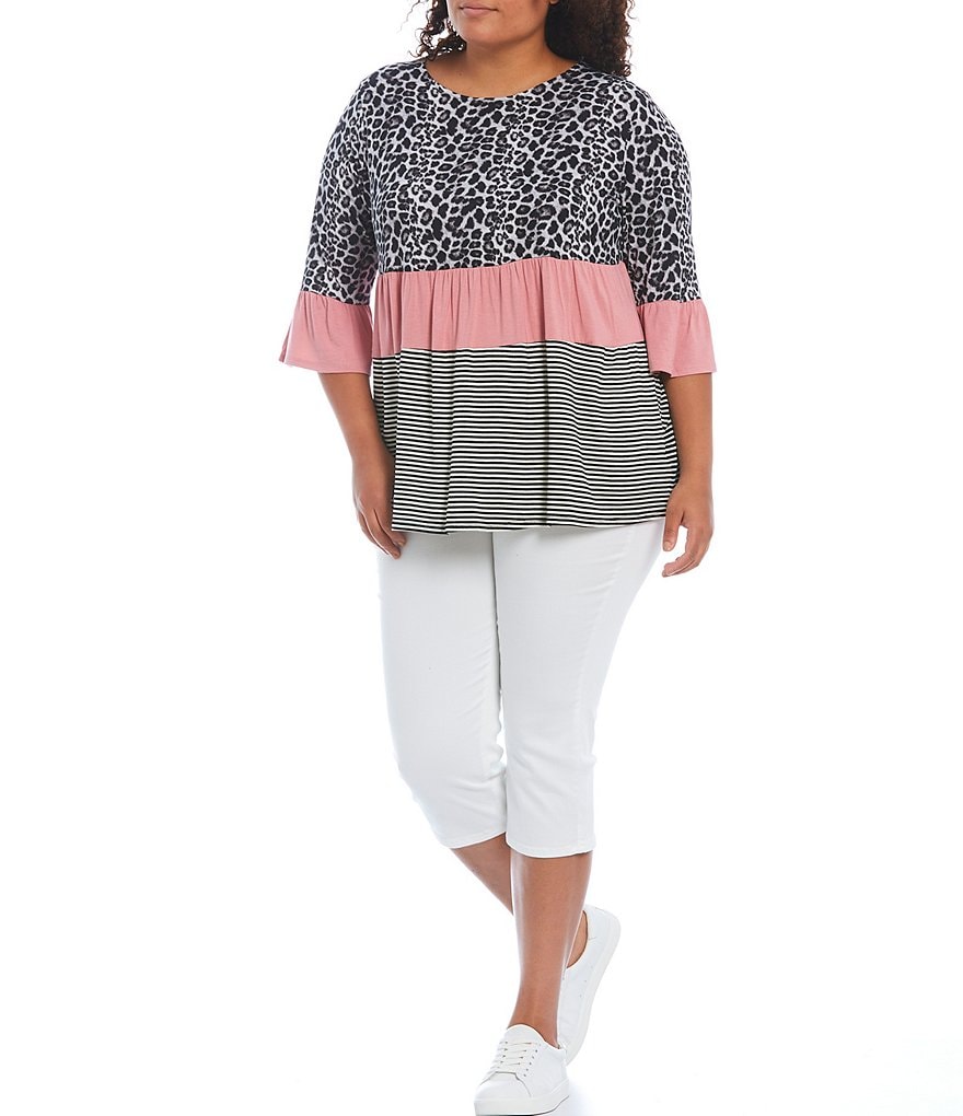 Moa Moa Plus Size Animal Stripe Print Colorblock Tier Knit Round Neck 3/4 Bell Sleeve Top