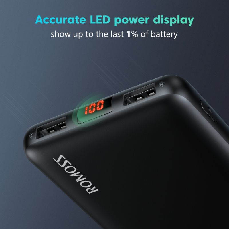 ROMOSS Power Bank 10000mAh (17mm) Ultra Slim Portable Charger with Dual Output Port Powerbank with LED Display Ultra-Compact External Battery for Smartphone, iPhone, Samsung Galaxy, Tablet and More