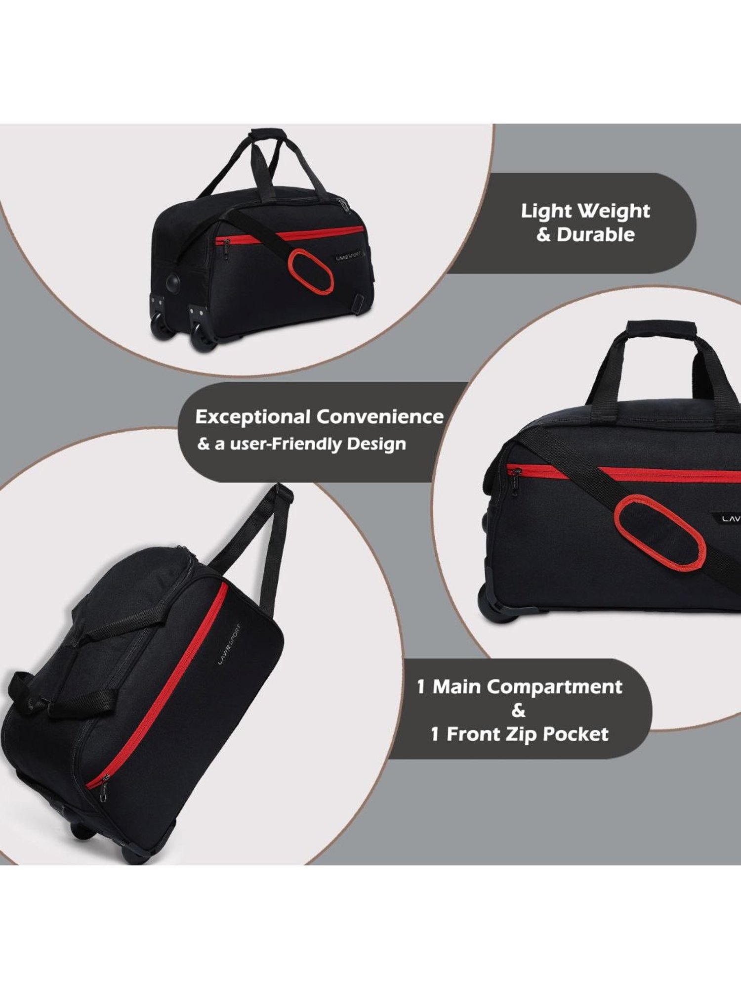 LAVIE SPORT Lino Black 2 Wheels Medium Duffle Trolley Bag - 53 cm