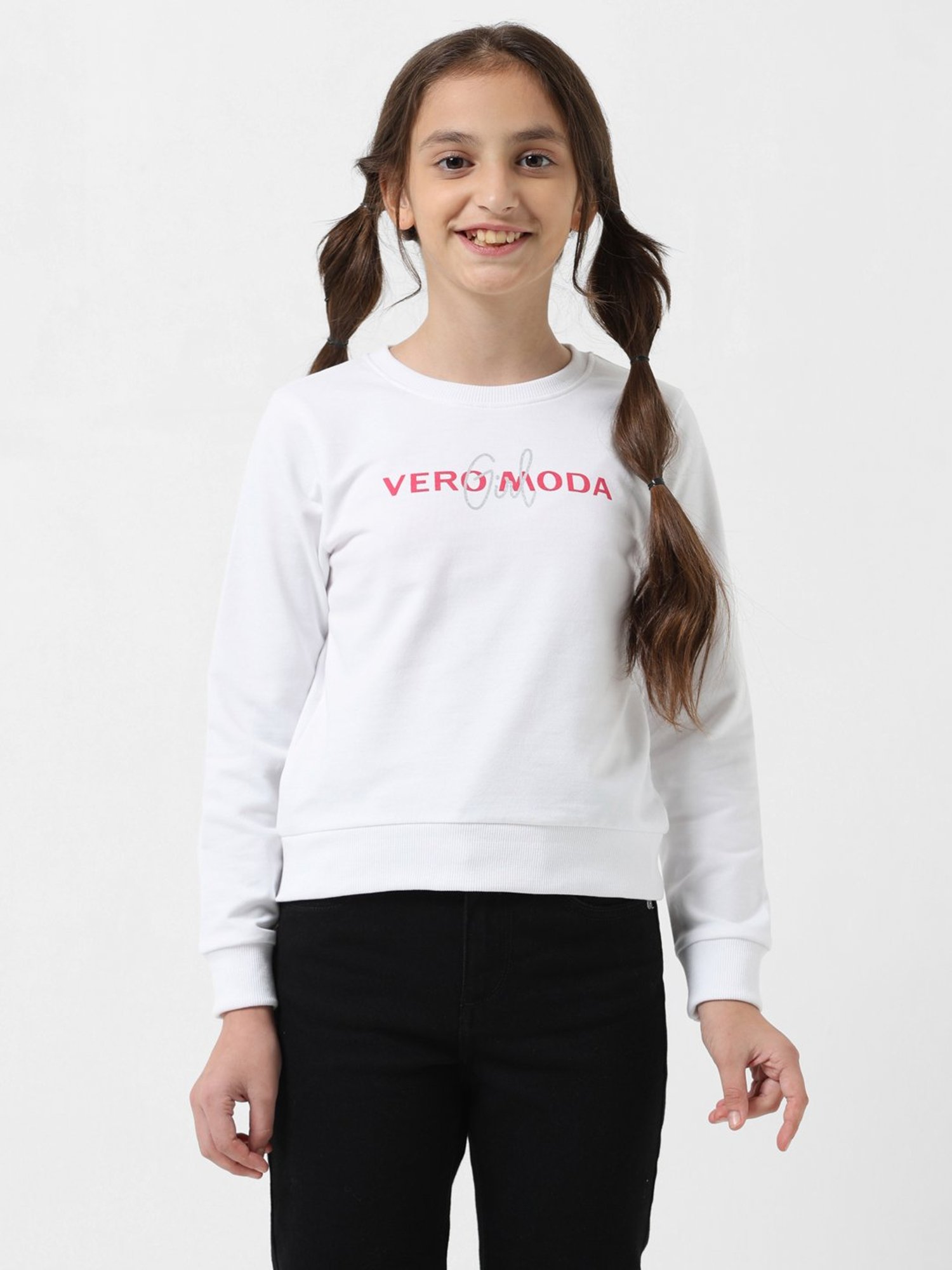 VERO MODA GIRL White Printed Full Sleeves Sweatshirt