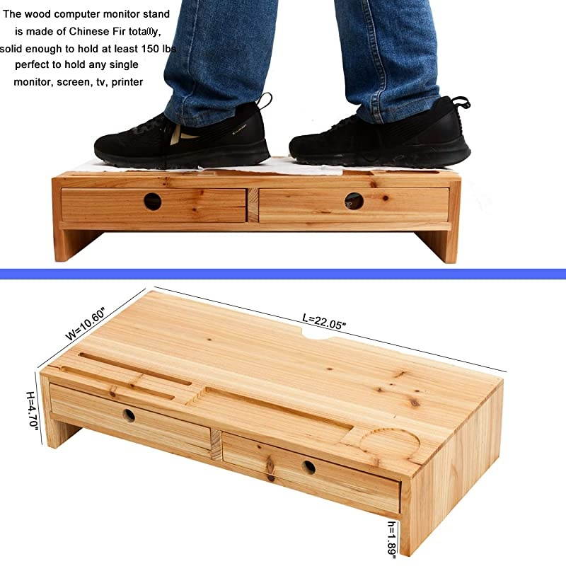 Monitor Stand Desk Organizer &ndash; Assembled Green Wood Screen Laptop Printer Riser with Drawers 22.05L 10.60W 4.70H Inch