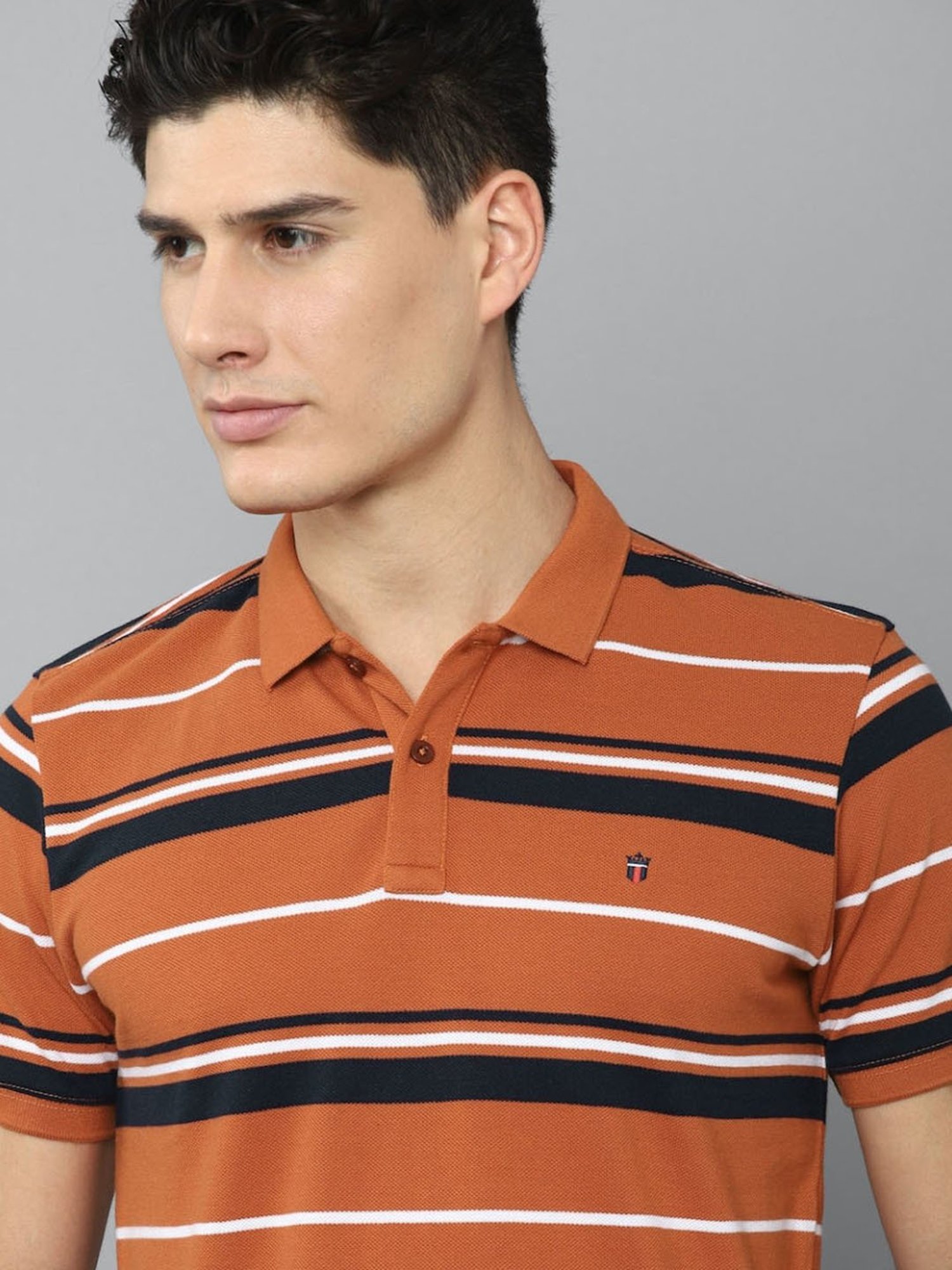 Louis Philippe Sport Orange Cotton Slim Fit Striped Polo T-Shirt